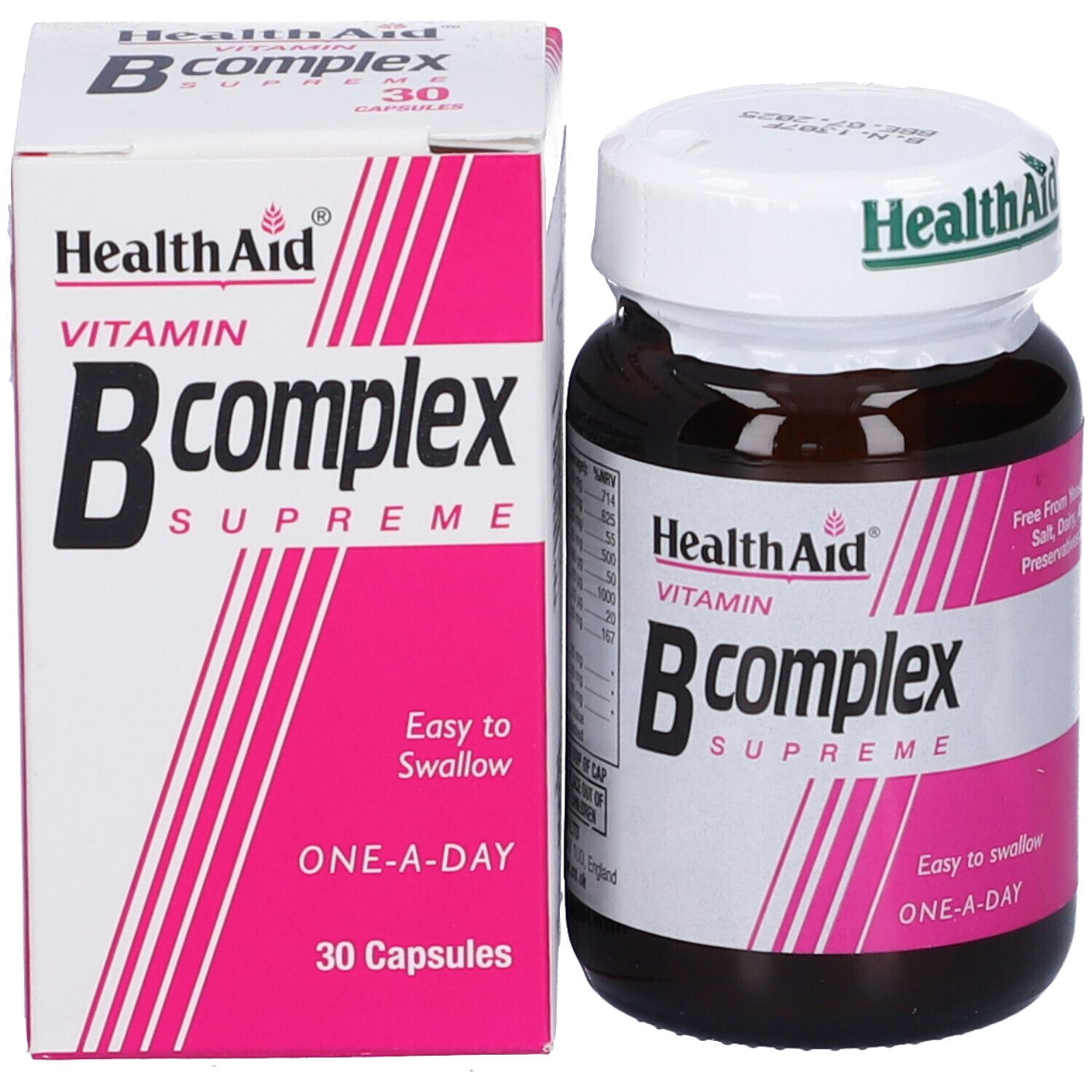 Confezione del prodotto: flacone e scatola. Scritta: Health Aid Vitamin B complex Supreme, 30 capsule.
