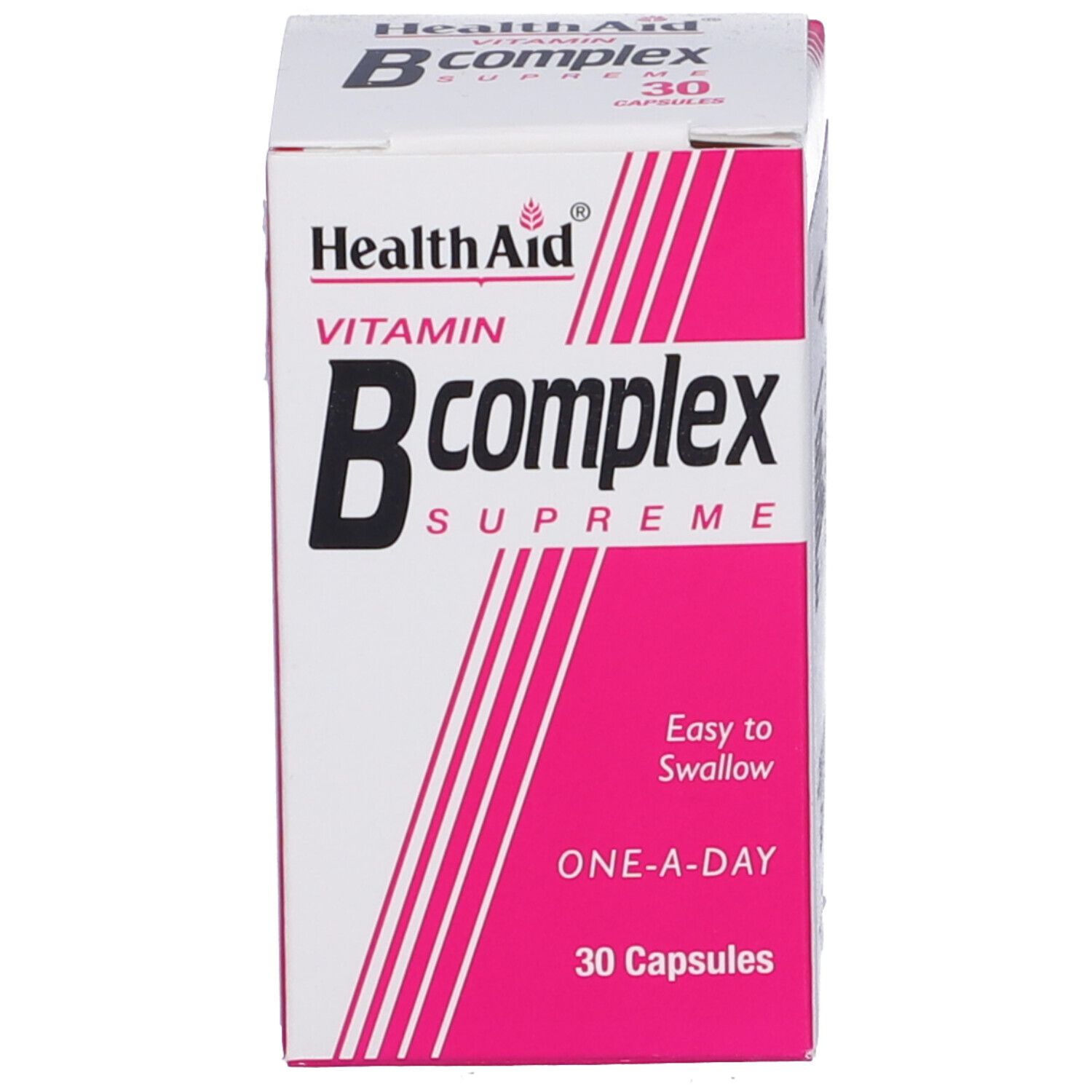 Scatola bianca e rosa. Scritta: Health Aid Vitamin B complex Supreme, 30 capsule.