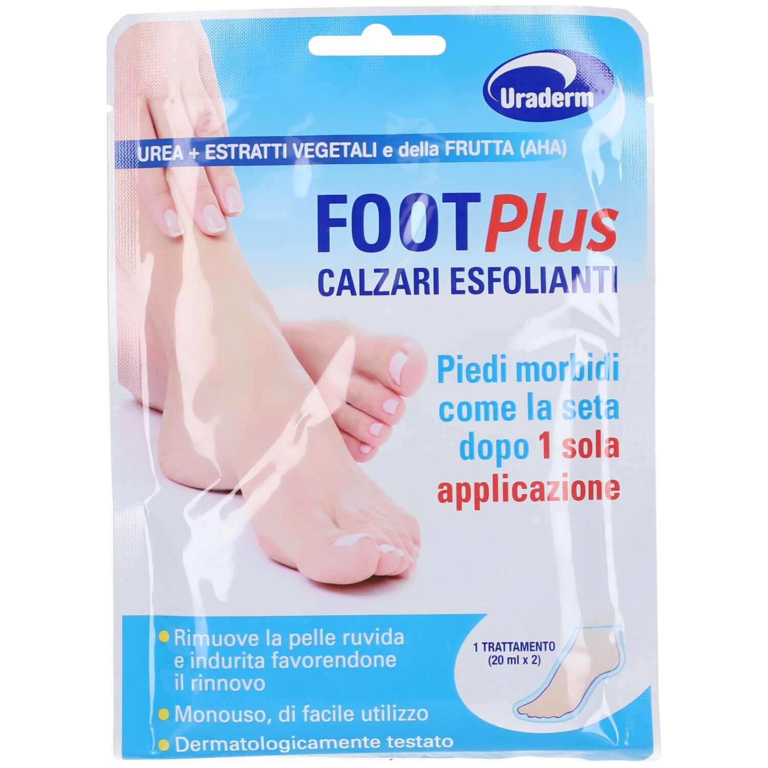 Confezione Uraderm Foot Plus Calze Esfolianti. Fronte con piedi e nome prodotto. Confezione blu e bianca.