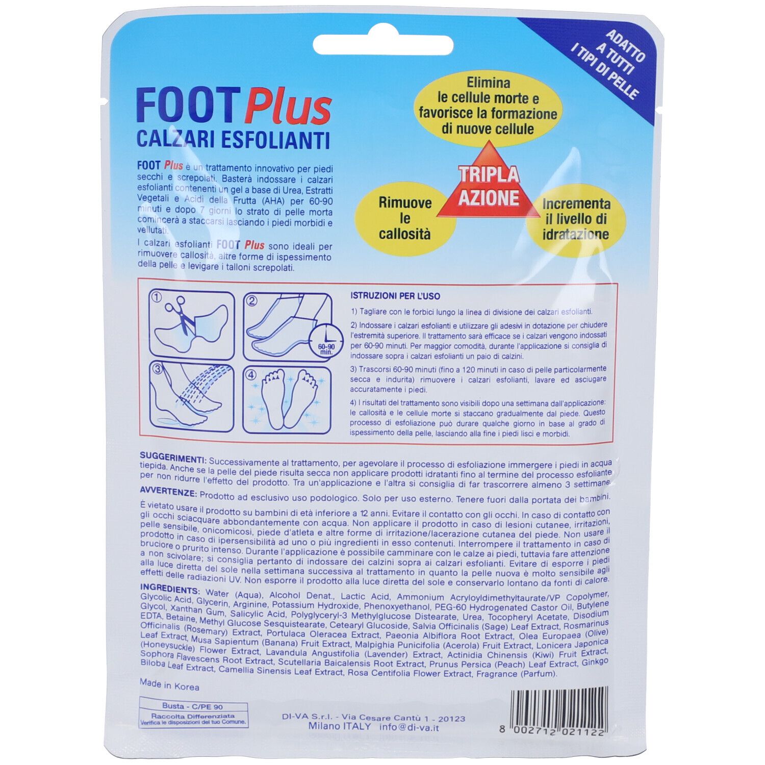 Retro confezione Uraderm Foot Plus Calze Esfolianti. Testo e illustrazioni. Sfondo bianco.