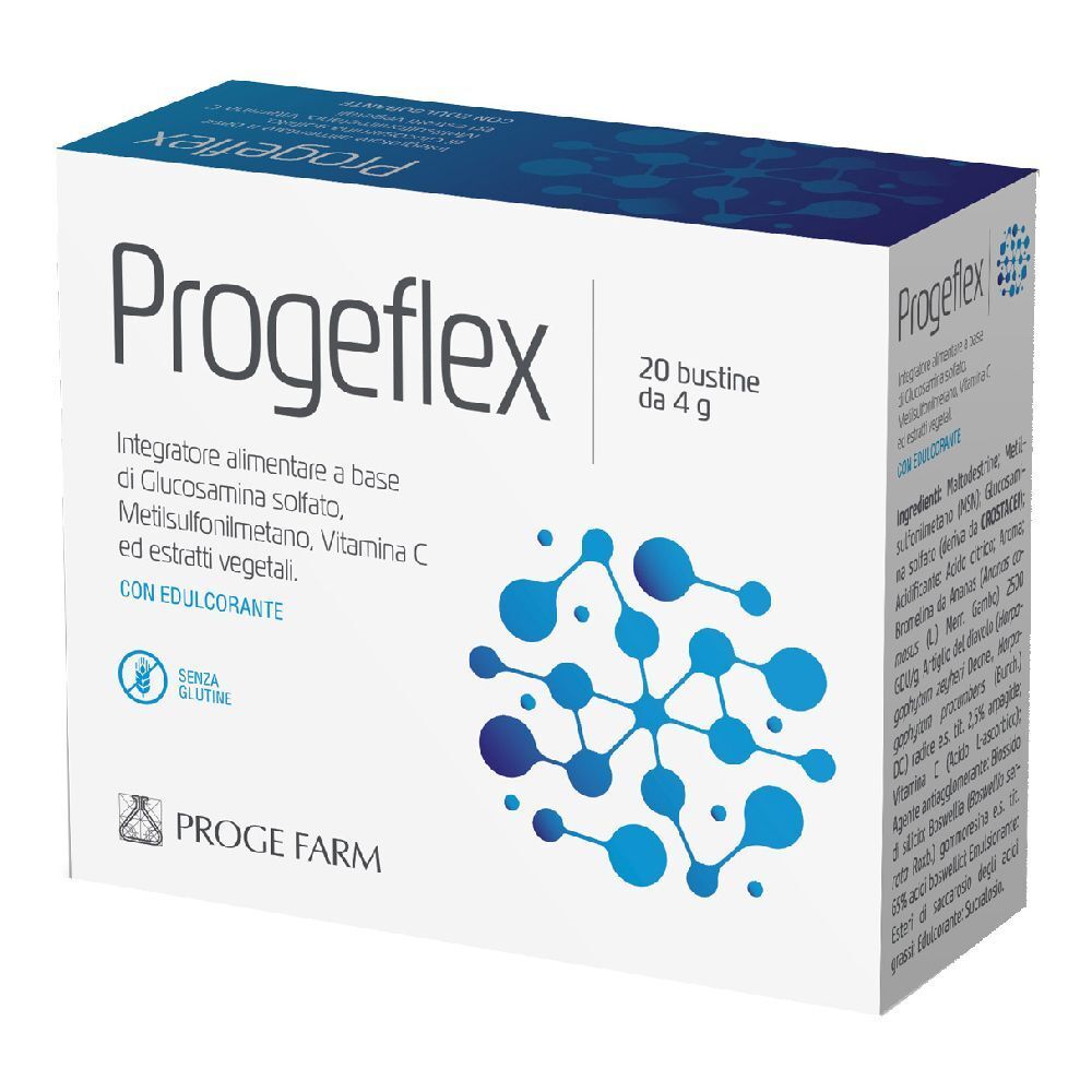 Scatola Progeflex con 20 bustine. Confezione bianca e blu con informazioni sul prodotto.
