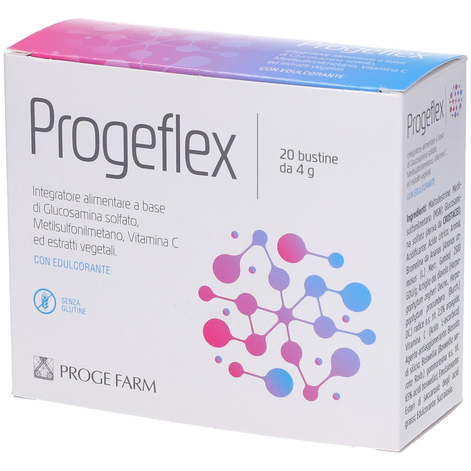 Scatola Progeflex con 20 bustine. Sfumatura rosa-blu. Informazioni sul prodotto.