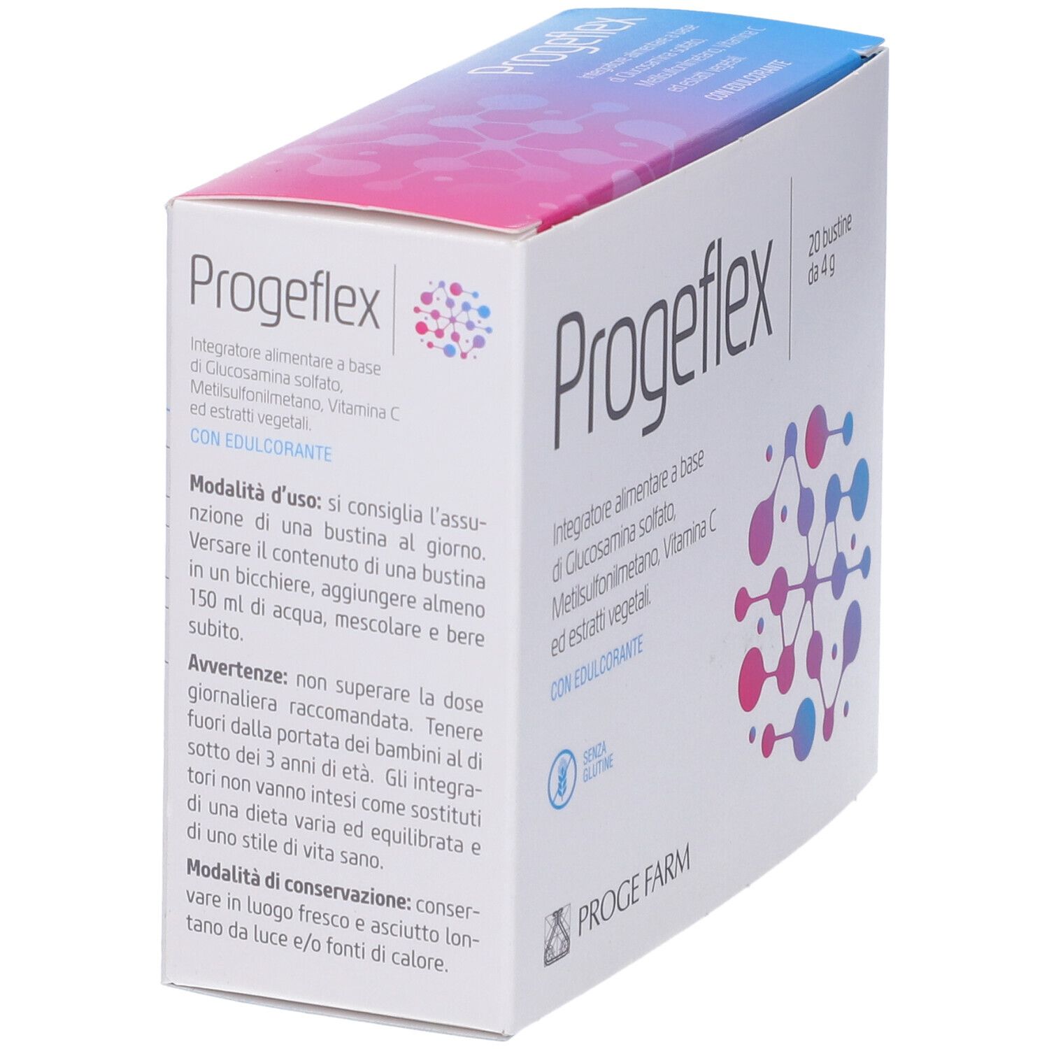 Scatola Progeflex con 20 bustine. Informazioni e istruzioni per l'uso.