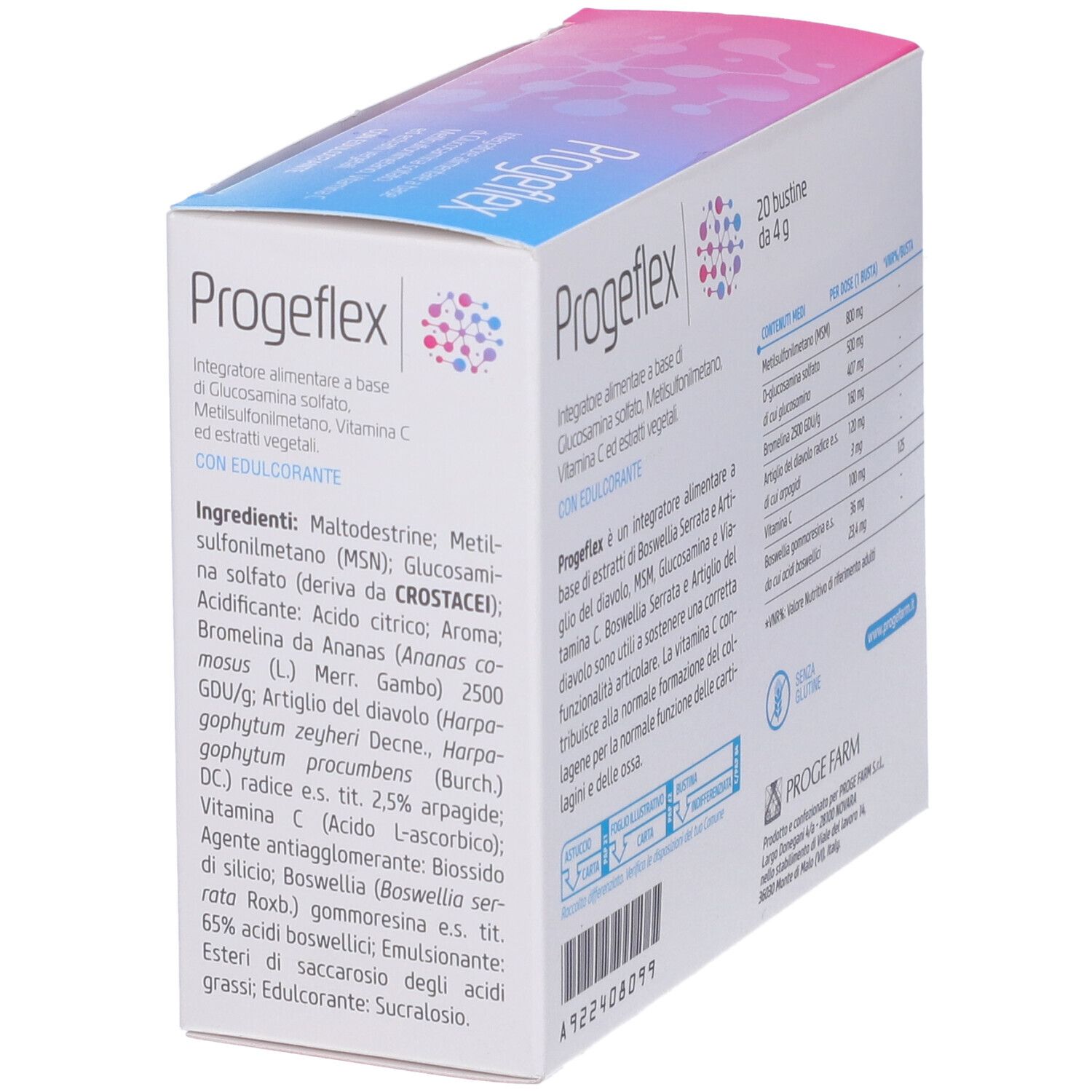 Scatola con nome del prodotto e ingredienti. Dettaglio degli ingredienti e valori nutrizionali.