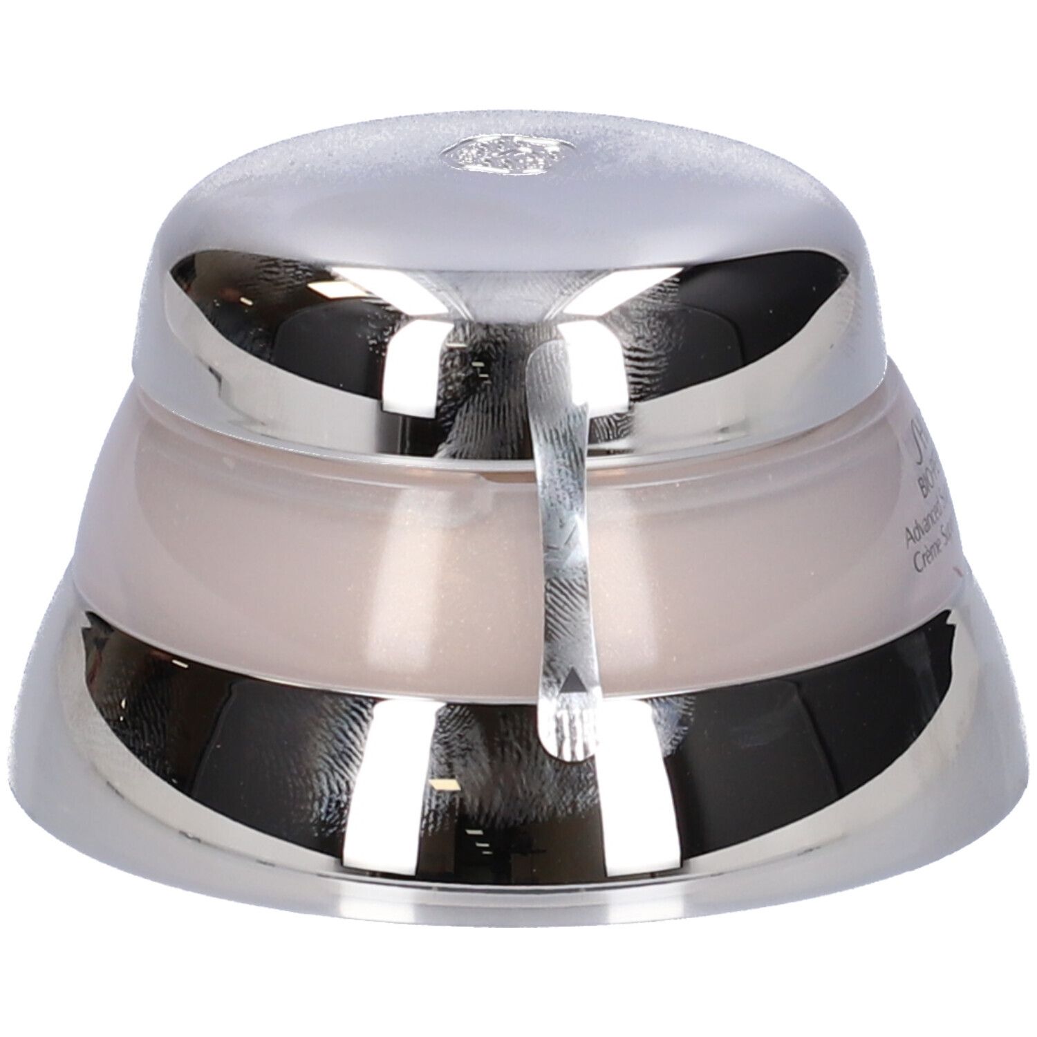 Vaso di crema con coperchio e base argentati. Scritta: Shiseido Bio-Performance Advanced Super Revitalizing Cream.