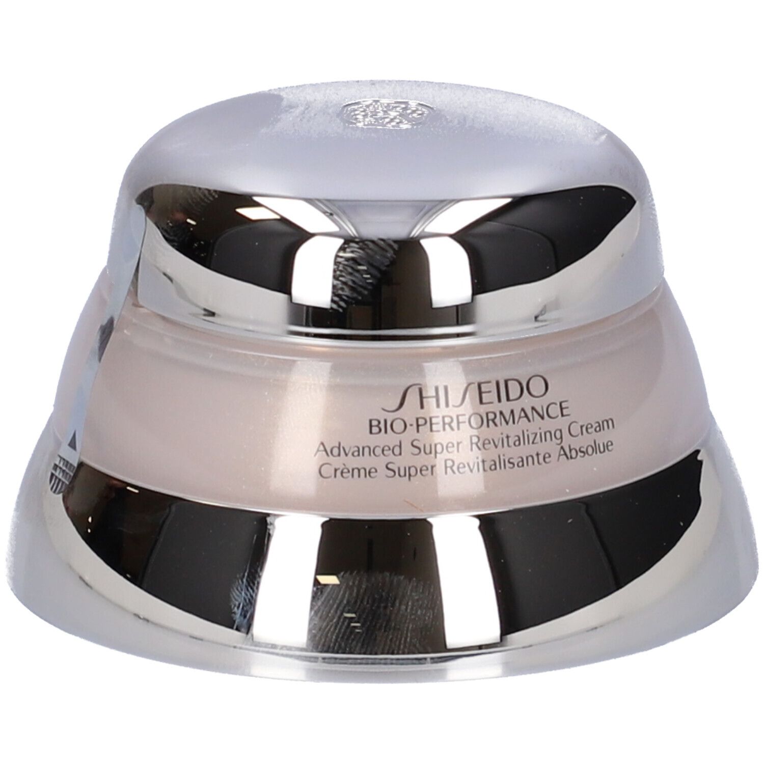 Vaso di crema con coperchio e base argentati. Scritta: Shiseido Bio-Performance Advanced Super Revitalizing Cream.