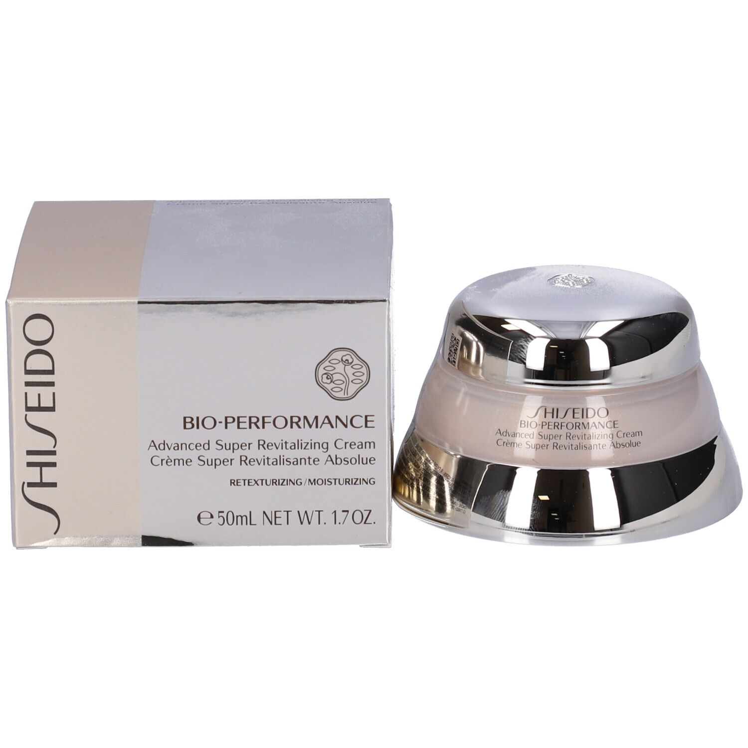 Confezione del prodotto con vaso di crema e scatola. Scritta: Shiseido Bio-Performance Advanced Super Revitalizing Cream.