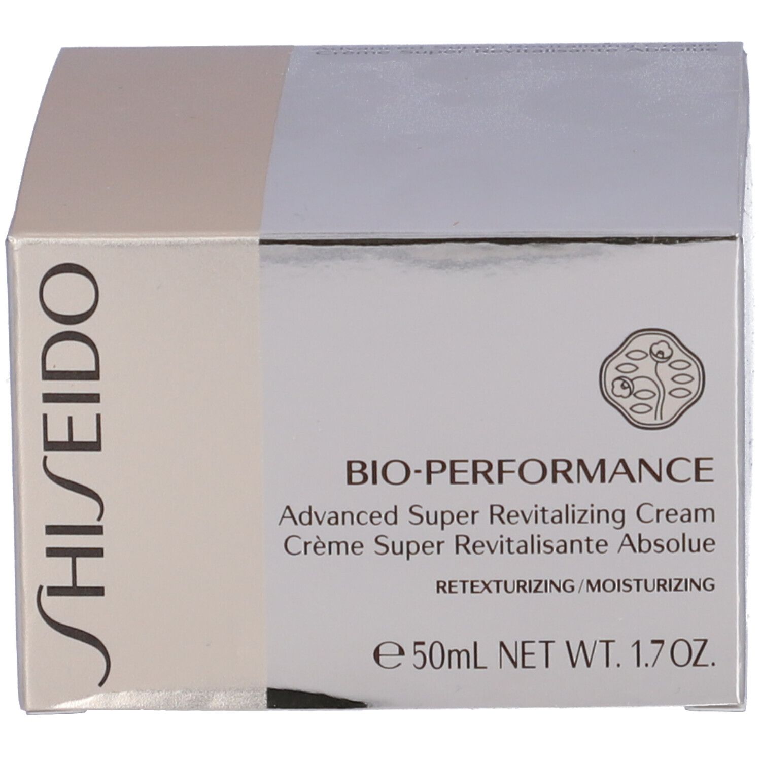 Confezione del prodotto, scatola. Scritta: Shiseido Bio-Performance Advanced Super Revitalizing Cream. Testo: Retexturizing/Moisturizing.