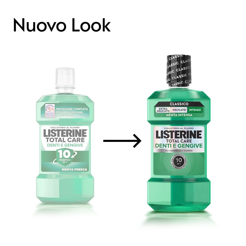 Listerine Total Care Mundspülung, 500ml, Minzgeschmack. Grüne Flasche mit weißem Verschluss.