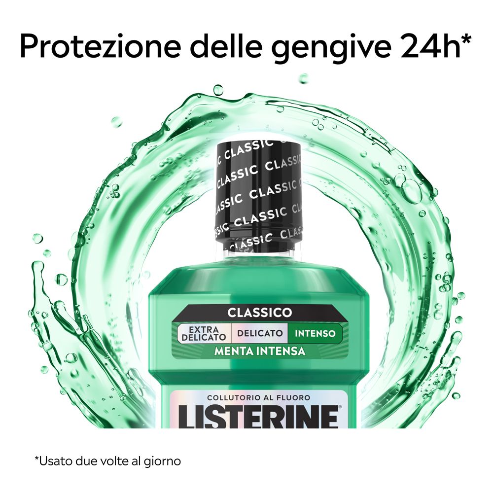 Listerine Total Care Mundspülung in frischer Minze. Grüne Flasche mit klarem Verschluss. "Nr. 1 der Welt" Siegel.