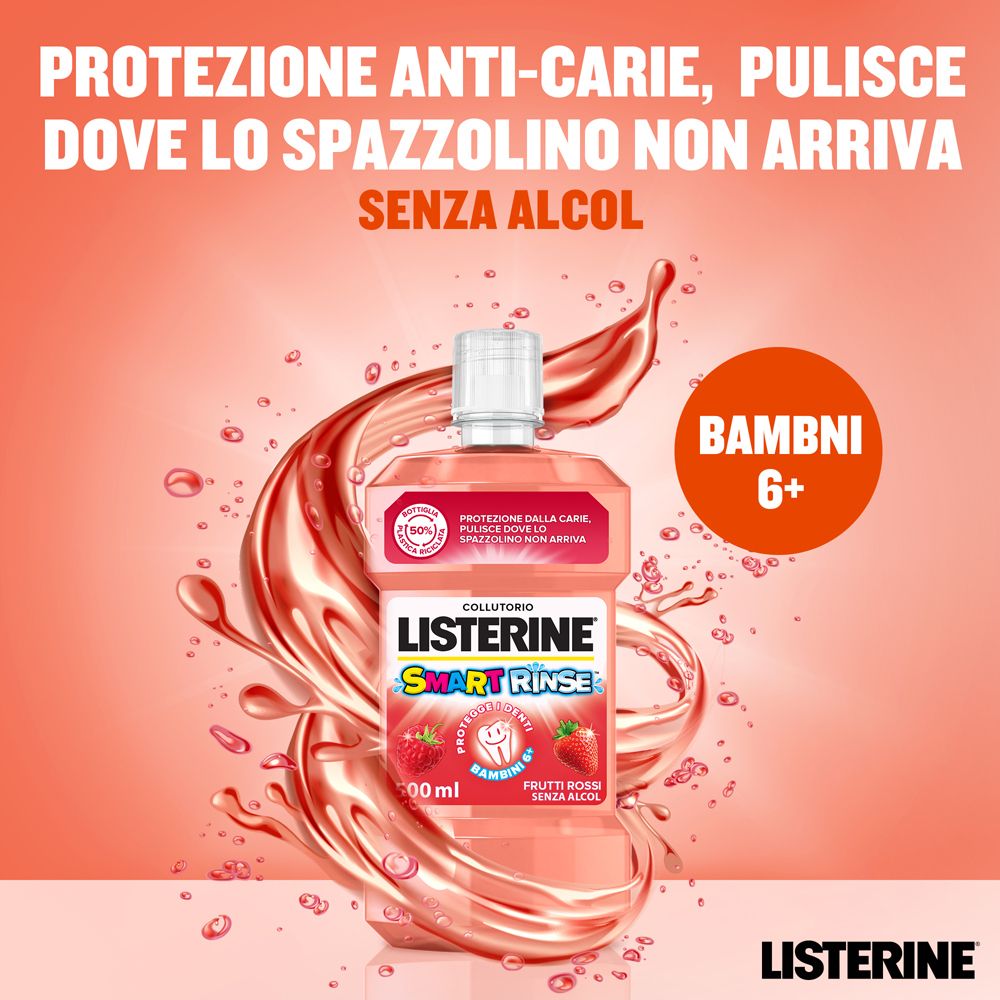 LISTERINE® Smart Rinse® Kids Mundspülung. Rote Flüssigkeit mit Erdbeeren. Aufschrift: Bambini 6+.