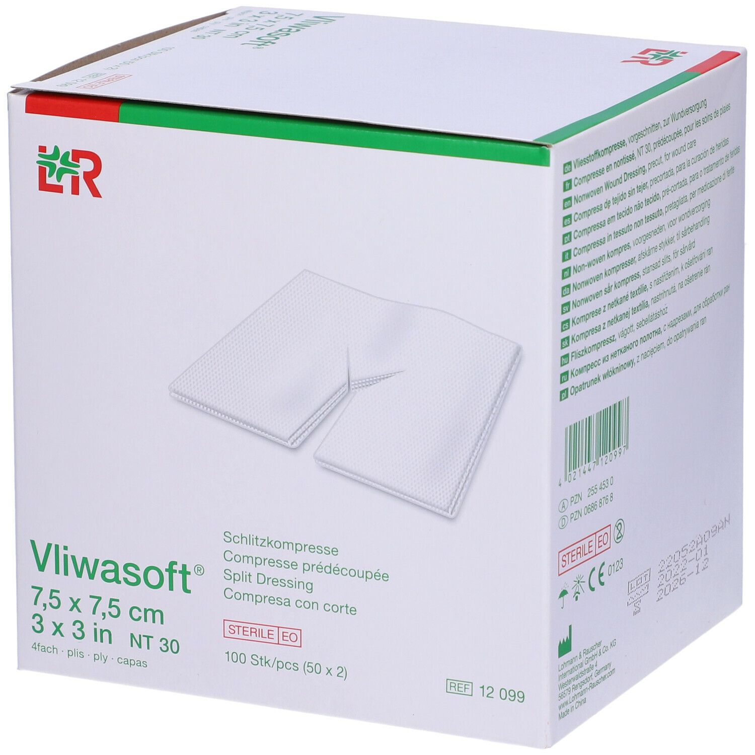 Confezione di medicazioni divise Vliwasoft®, 7,5 x 7,5 cm. 100 pezzi. Sterile EO.