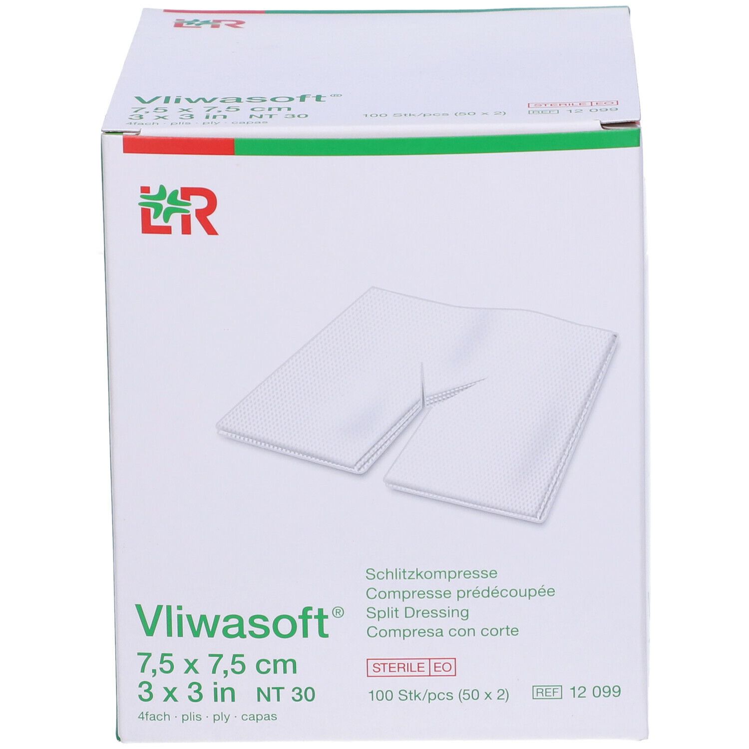 Confezione di medicazioni divise Vliwasoft®, 7,5 x 7,5 cm. 100 pezzi. Sterile EO.