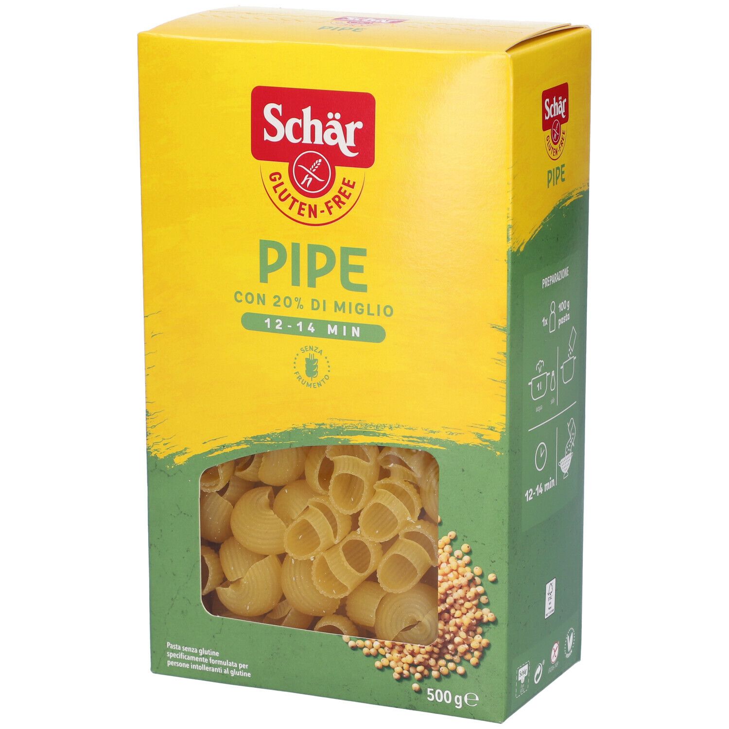 Scatola gialla Schär Gluten-Free Pipe. Finestra con pasta e cereali. Scritte verdi e rosse.