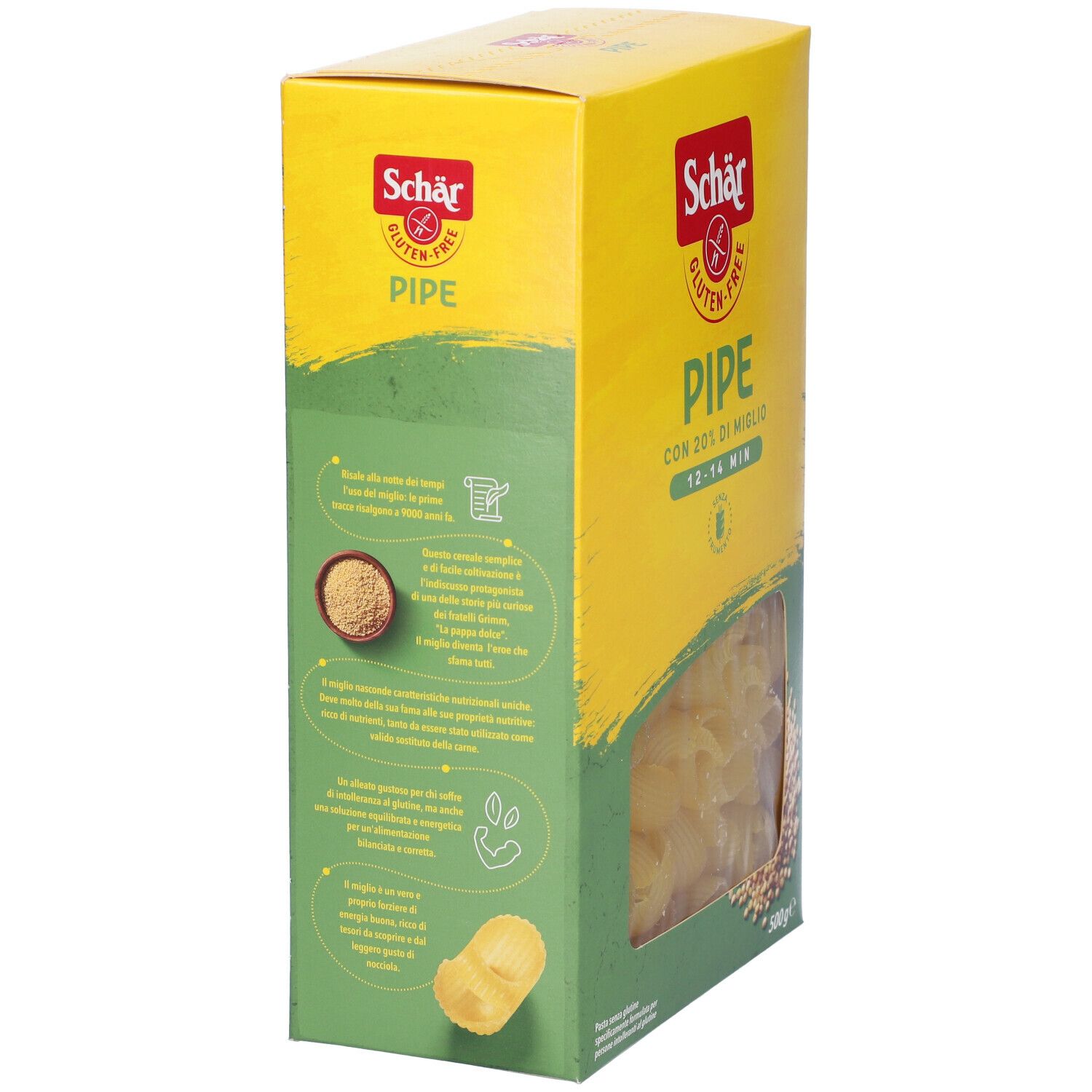 Scatola gialla Schär Gluten-Free Pipe. Vista laterale con testo e pasta. Colori verdi e gialli.