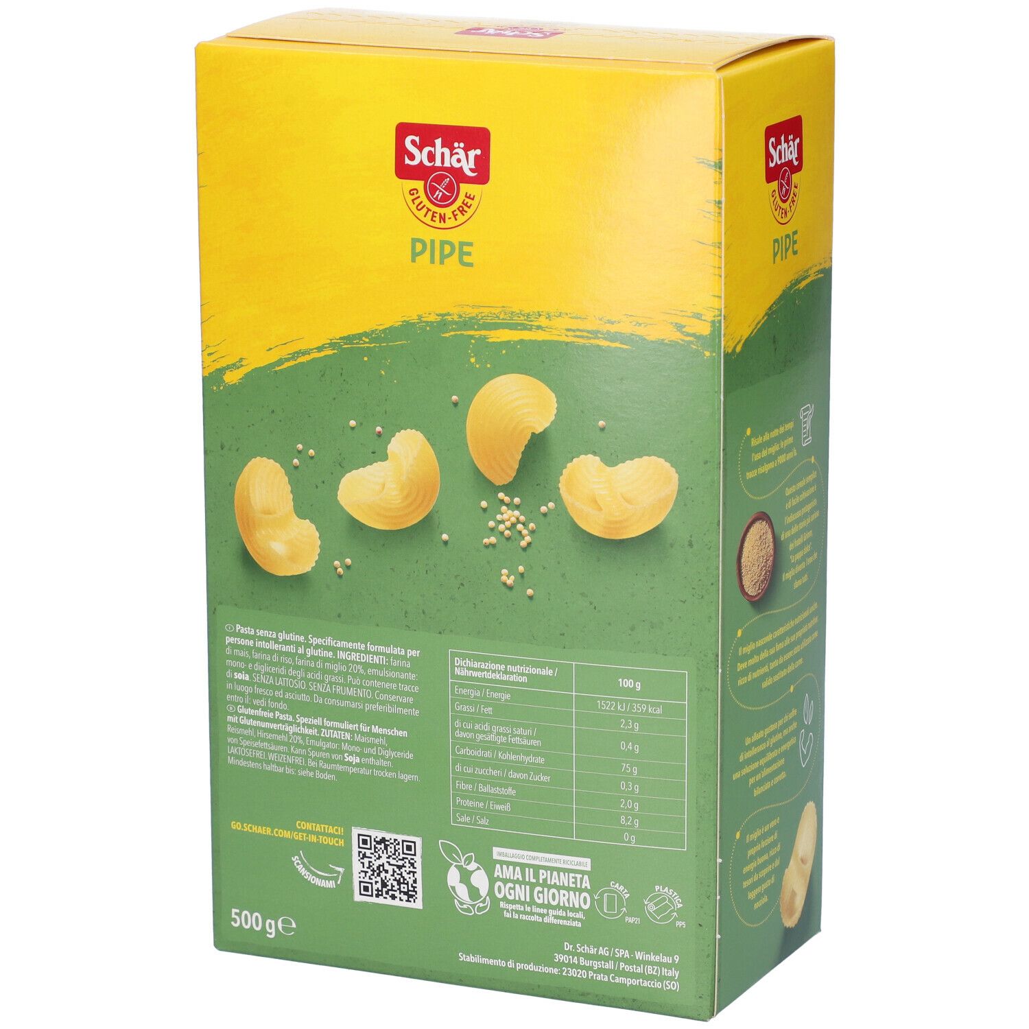 Scatola Schär Gluten-Free Pipe. Retro con informazioni nutrizionali e pasta. Giallo e verde.