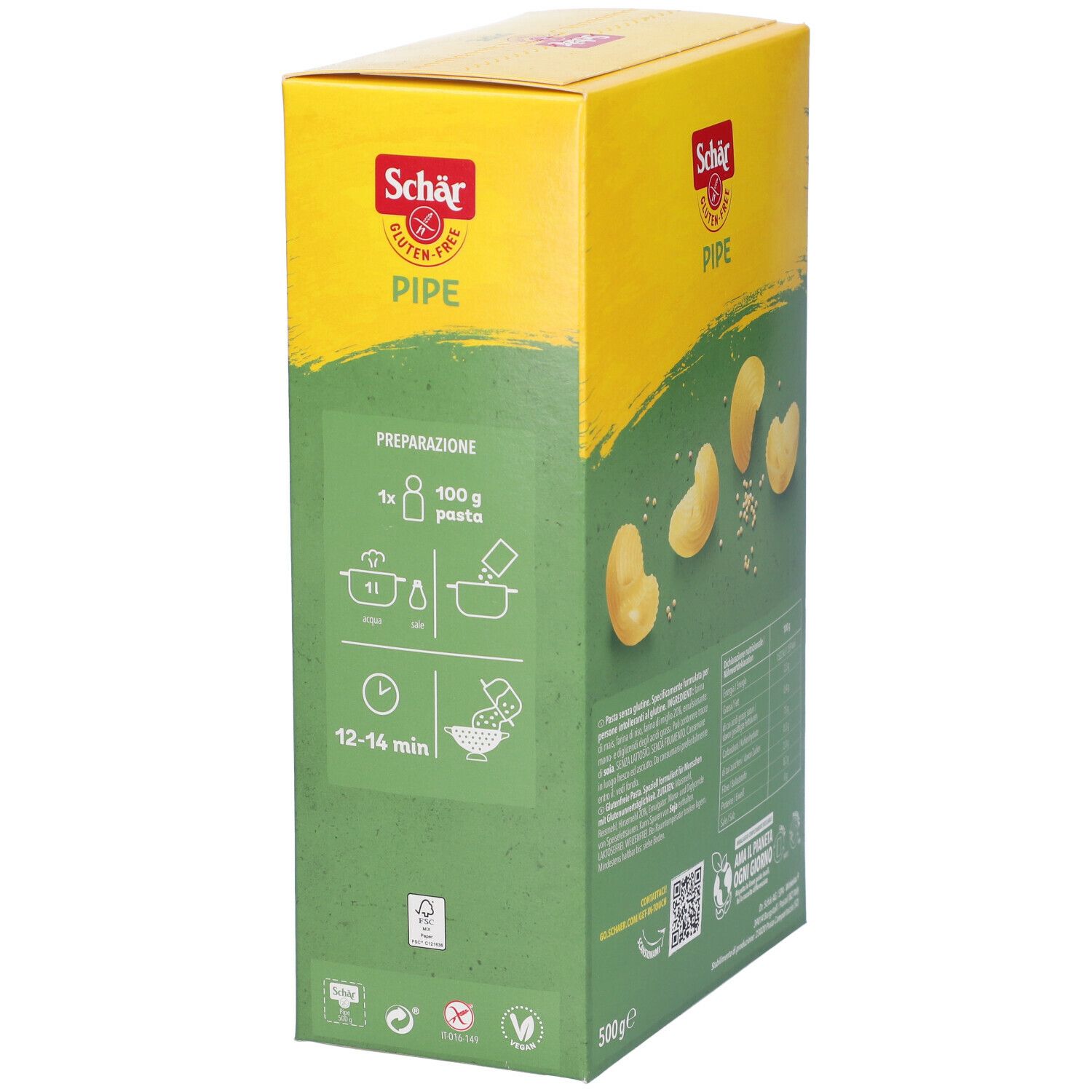 Scatola Schär Gluten-Free Pipe. Vista laterale con istruzioni di cottura e pasta. Giallo e verde.