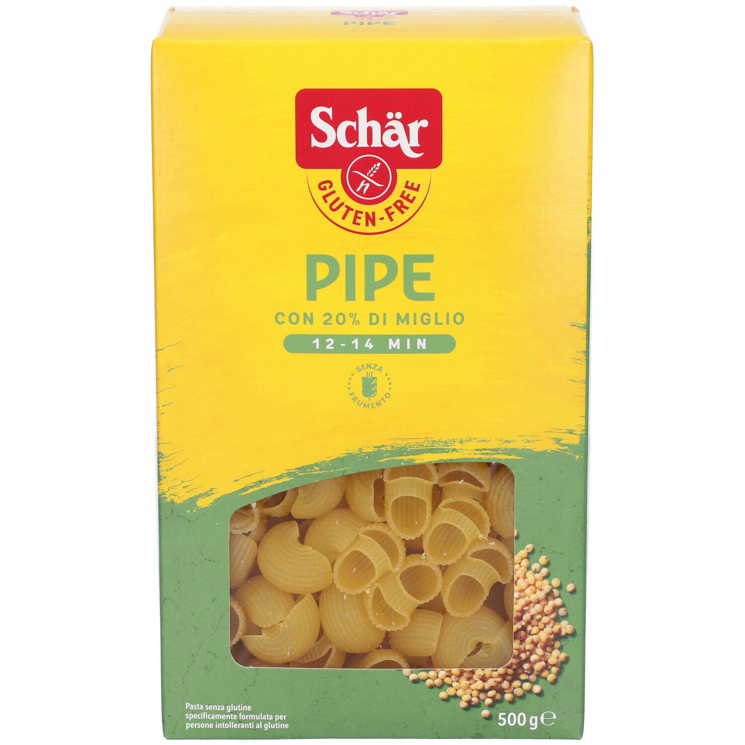 Scatola gialla Schär Gluten-Free Pipe. Finestra con pasta e cereali. Scritte verdi e rosse.