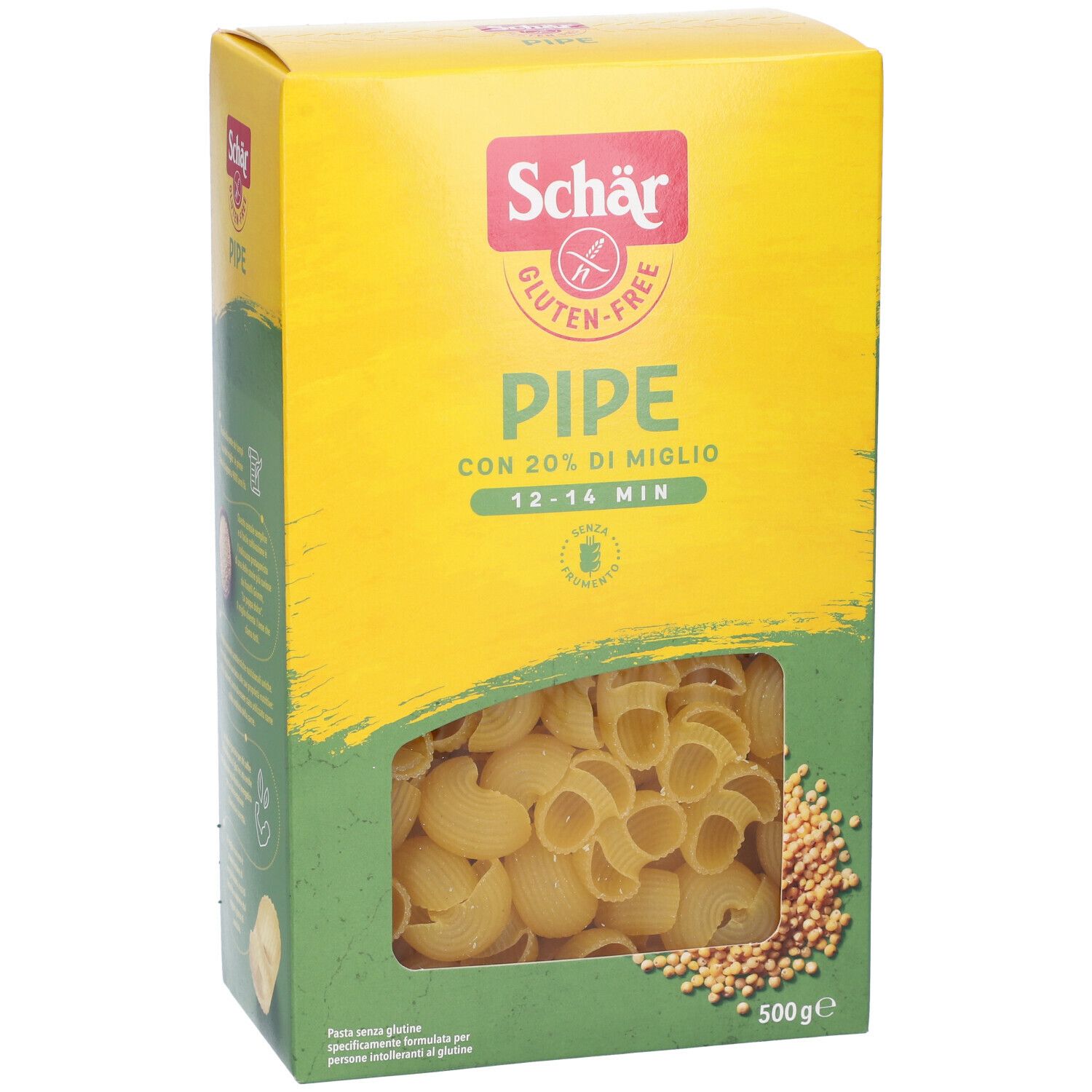 Scatola gialla Schär Gluten-Free Pipe. Finestra con pasta e cereali. Scritte verdi e rosse.
