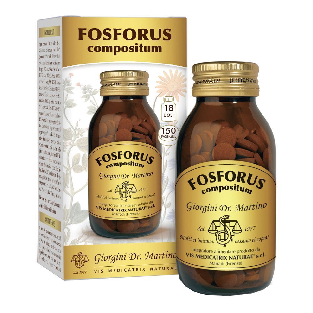 Braune Glasflasche mit Tabletten und Karton. Aufschrift: Fosforus compositum, Giorgini Dr. Martino.