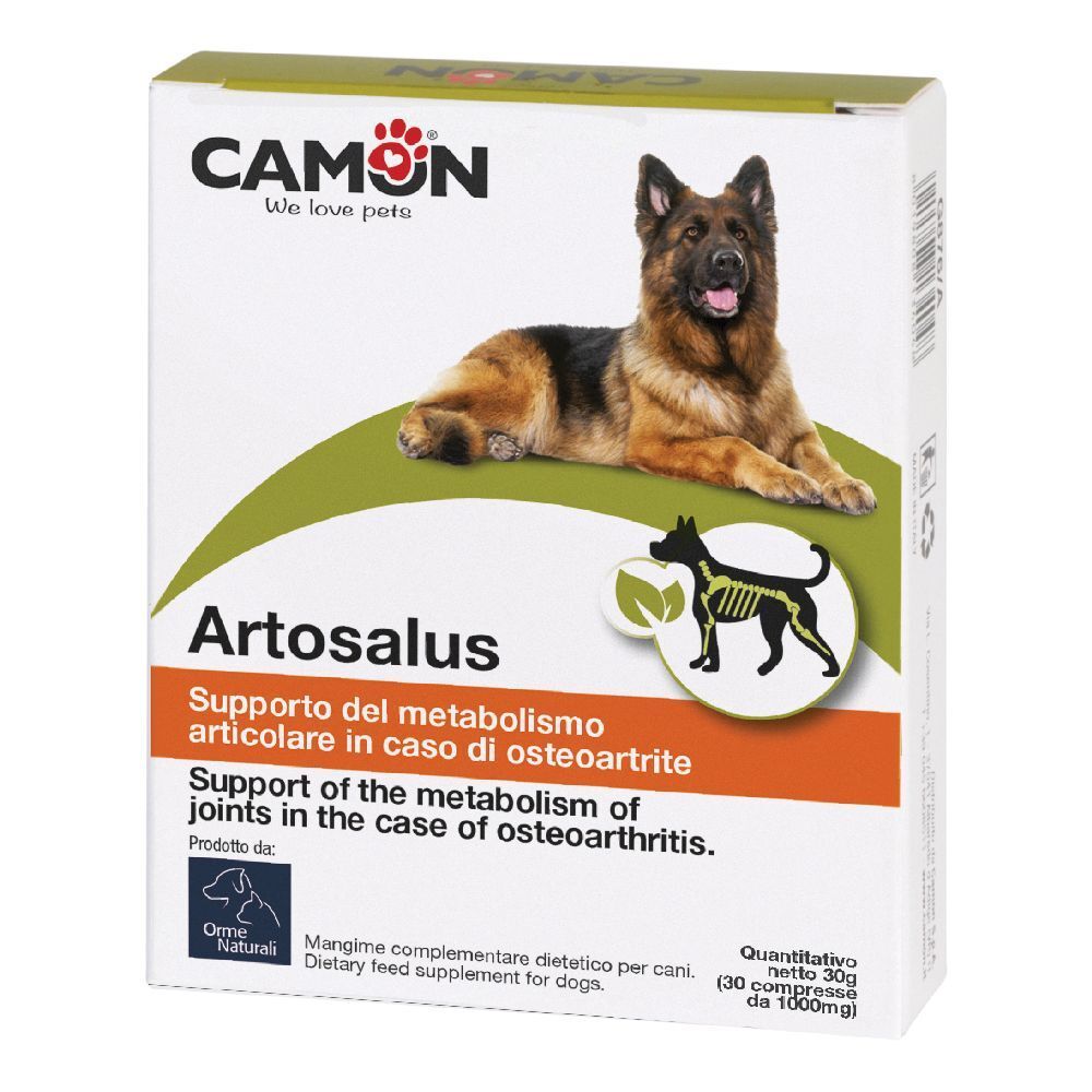 Scatola Artosalus, marchio Camon. Immagine di cane. Testo: Supporto del metabolismo articolare in caso di osteoartrite.
