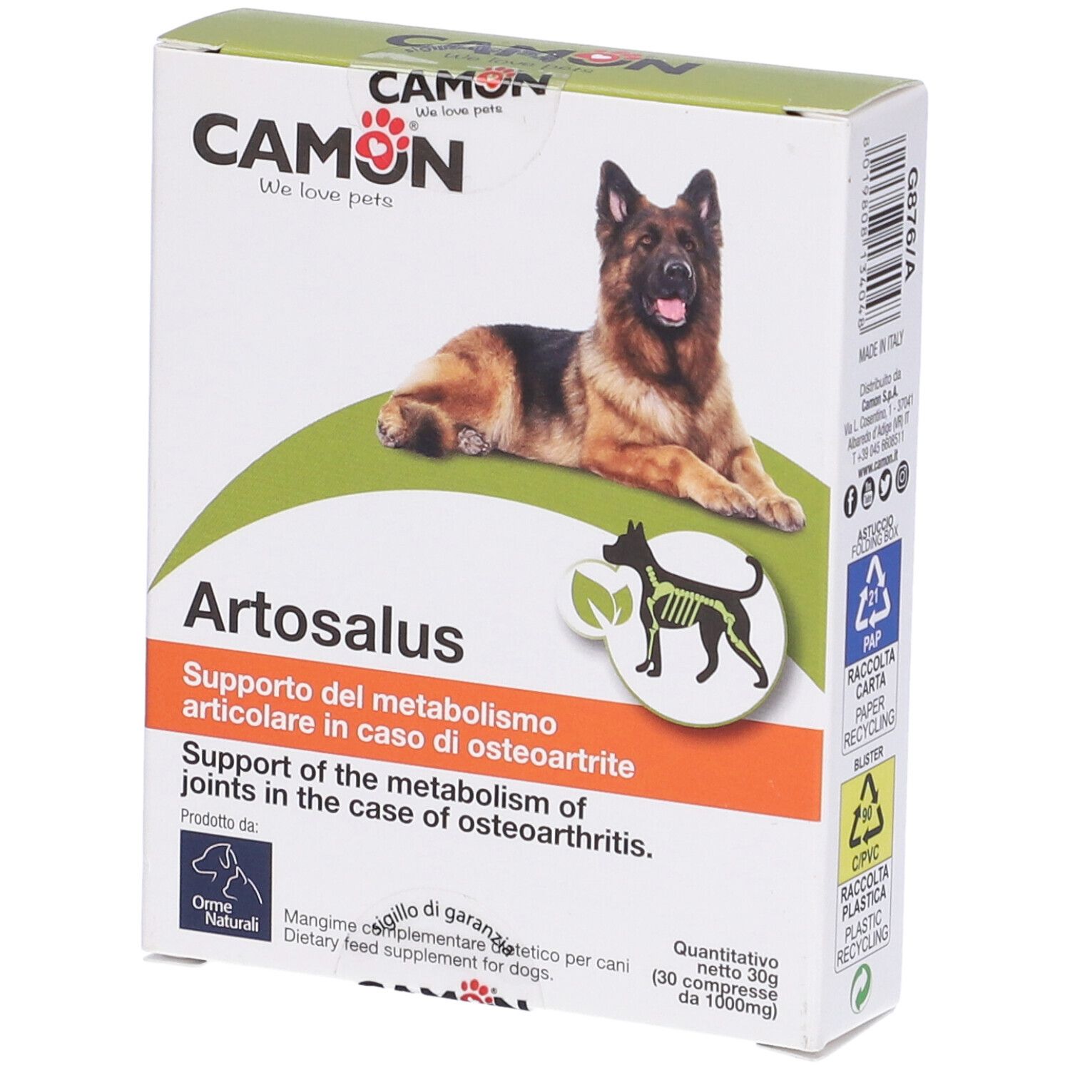 Scatola Artosalus, marchio Camon. Cane sulla confezione. Testo: Supporto metabolismo articolare. Simboli riciclo.