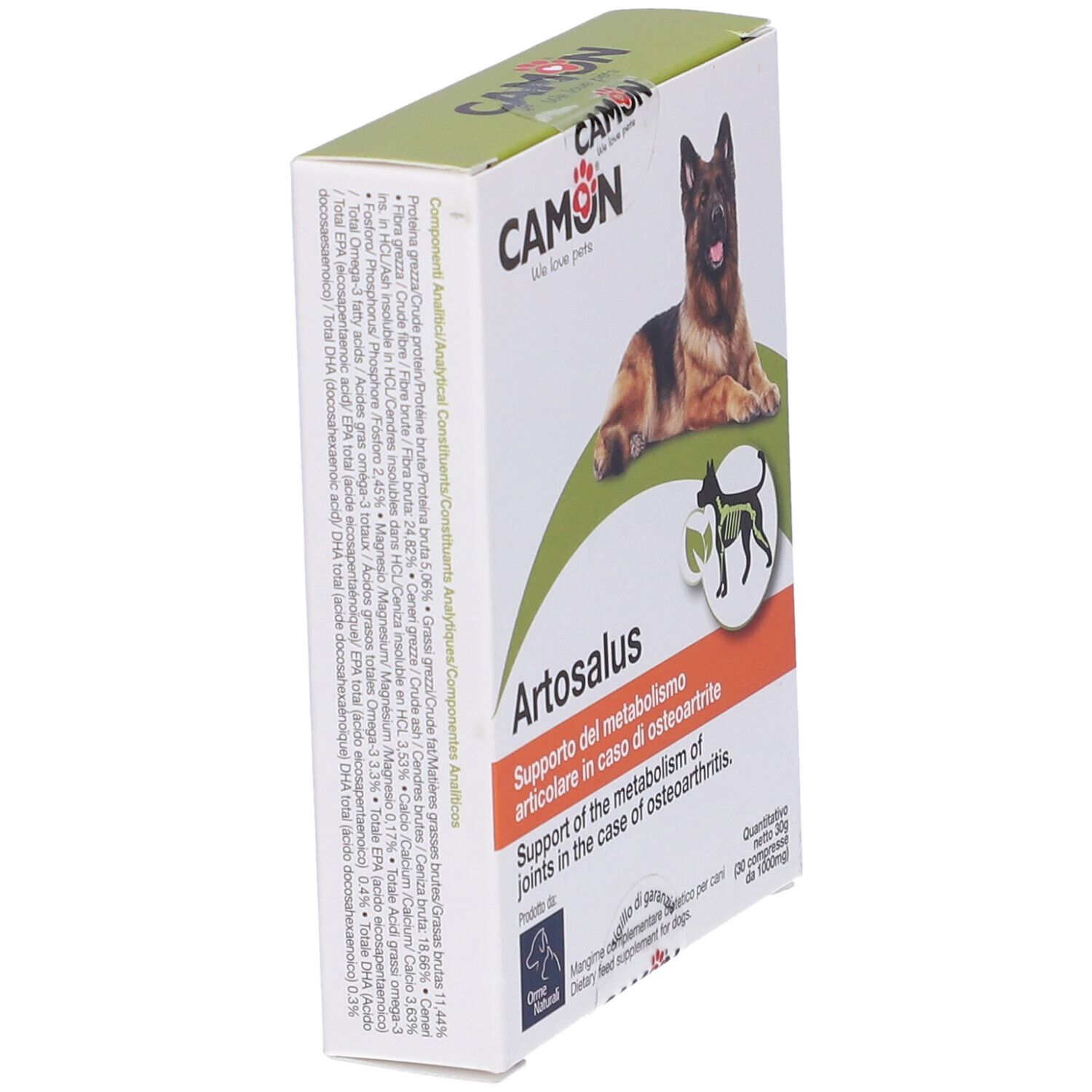 Scatola Artosalus, marchio Camon. Cane sulla confezione. Testo: Supporto metabolismo articolare. Ingredienti.