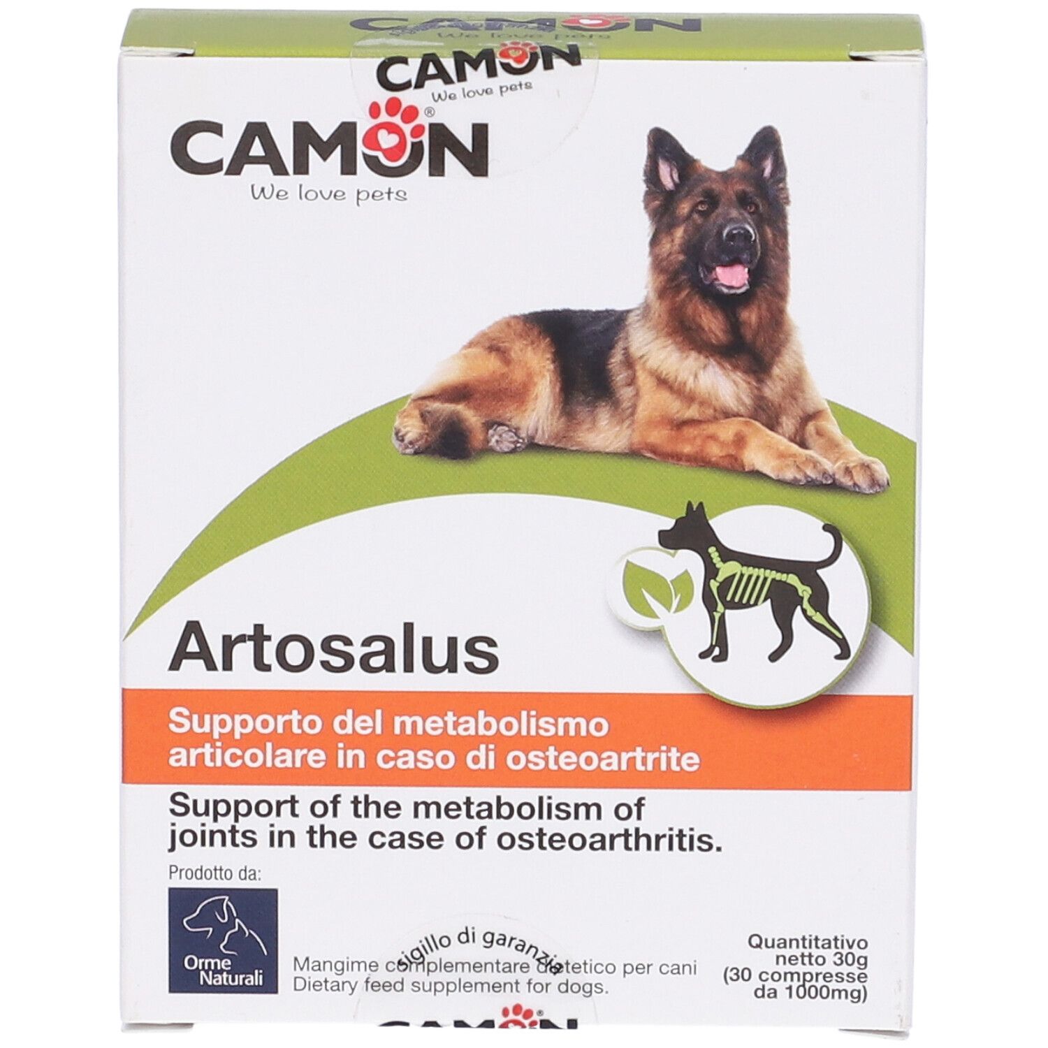 Scatola Artosalus, marchio Camon. Cane sulla confezione. Testo: Supporto metabolismo articolare. 30 compresse.