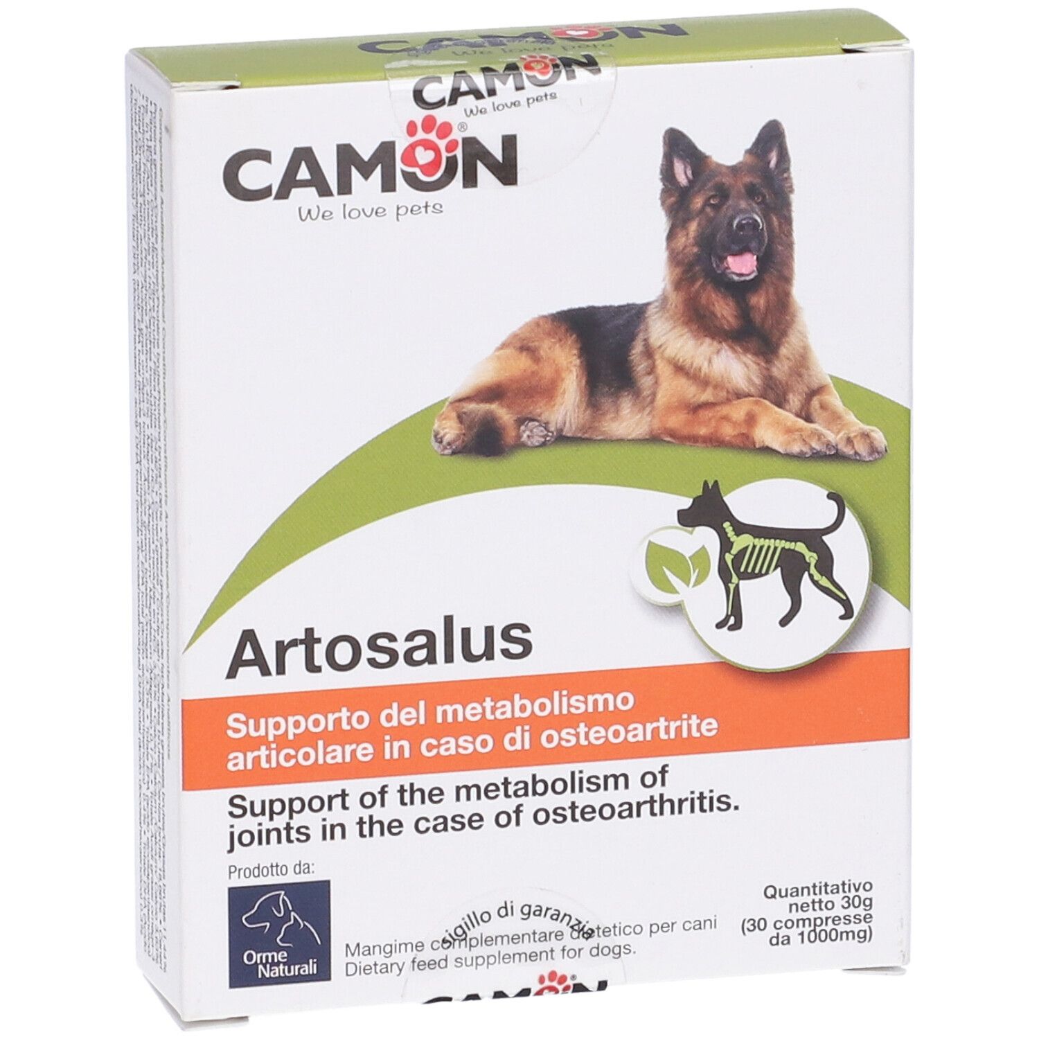 Scatola Artosalus, marchio Camon. Cane sulla confezione. Testo: Supporto metabolismo articolare. 30 compresse.
