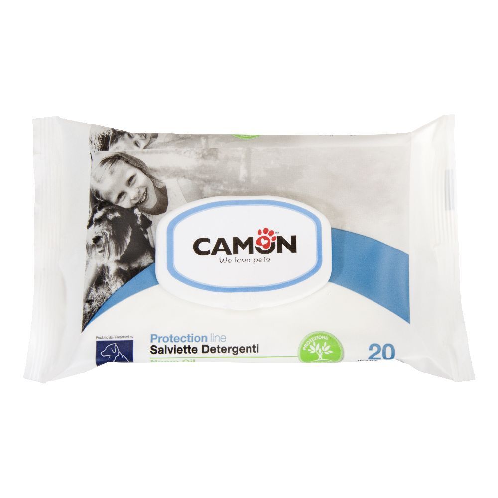 Confezione di salviettine detergenti. Marchio CAMON. 20 pezzi. Confezione blu e bianca con logo e immagine.