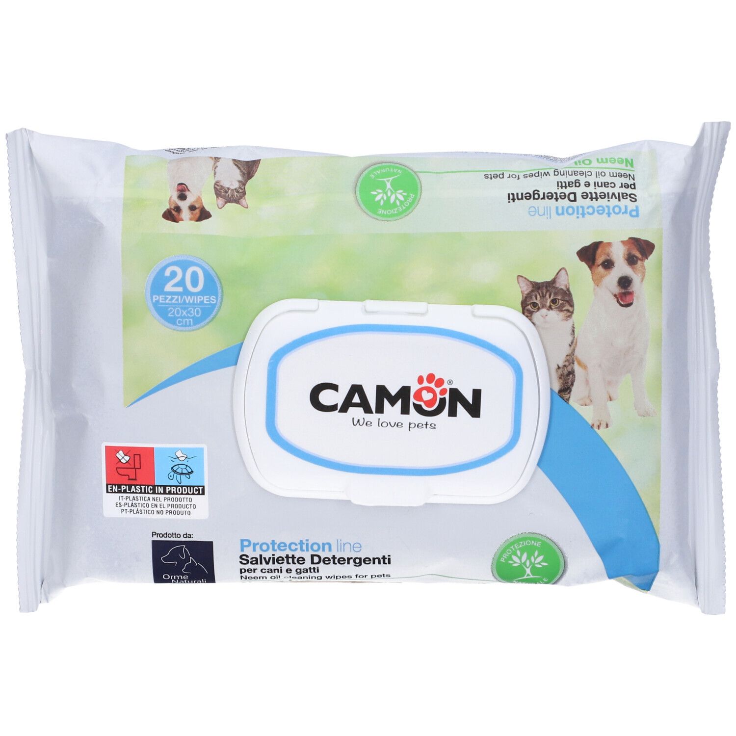 Confezione di salviettine detergenti. Marchio CAMON. 20 pezzi. Immagine di cani e gatti. Confezione blu e bianca.