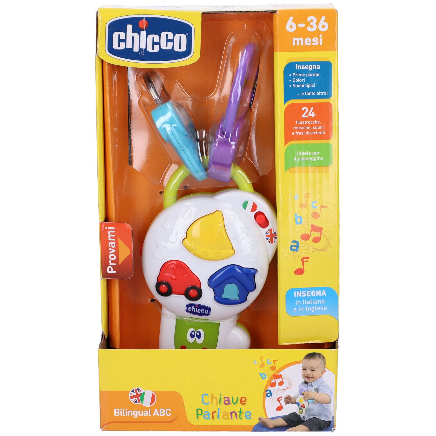 Confezione con chiavi giocattolo. Marchio Chicco, consigliato 6-36 mesi. Con testo e bambino.