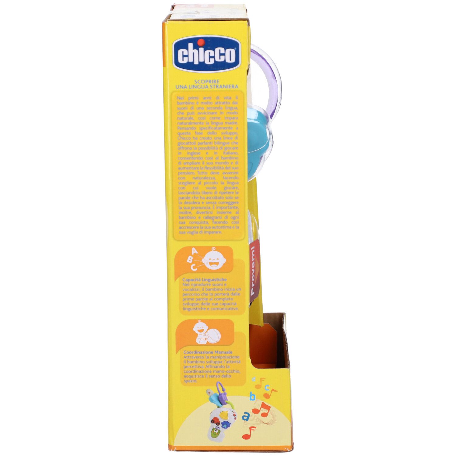 Vista laterale della confezione con chiavi giocattolo. Marchio Chicco, testo e illustrazioni.