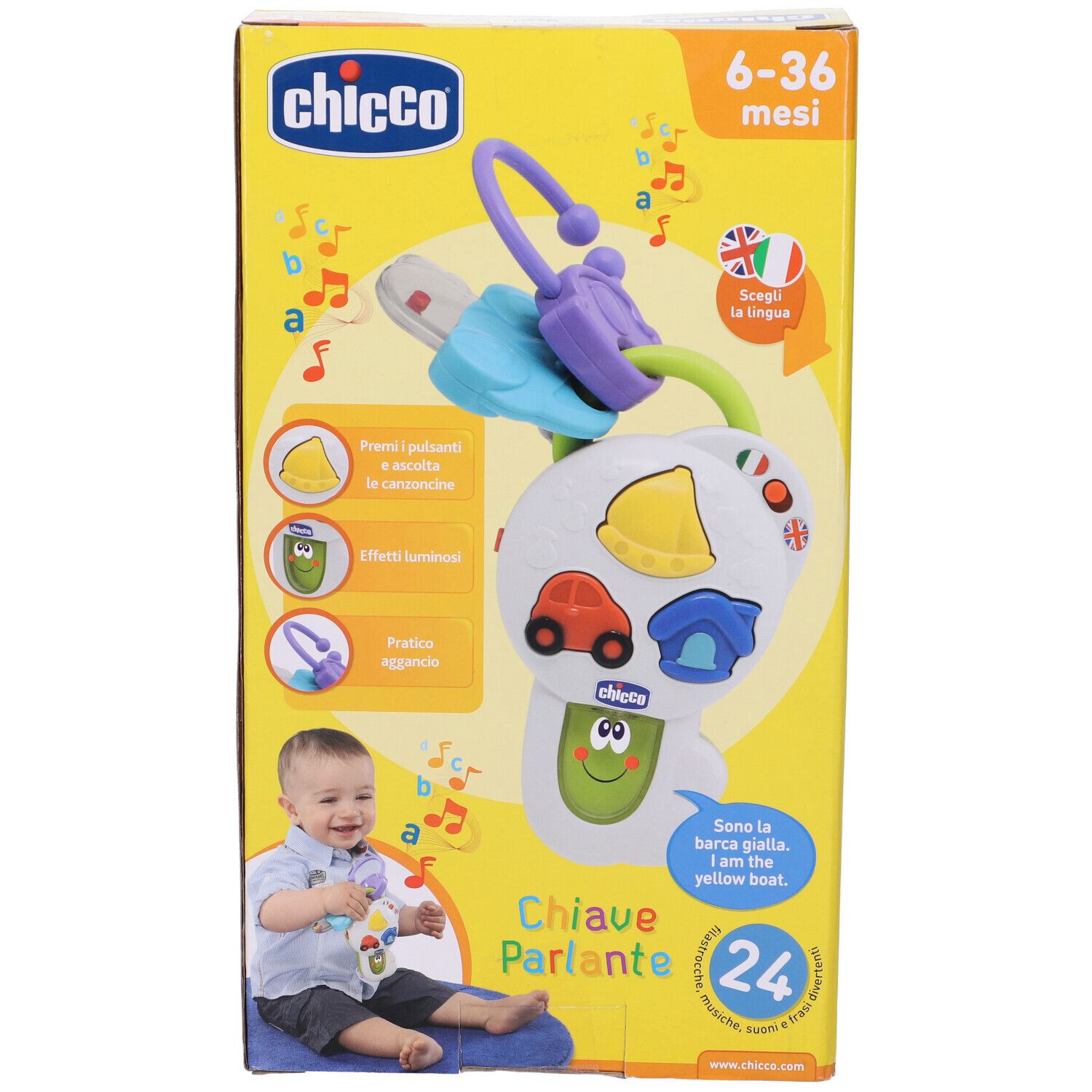 Confezione con chiavi giocattolo. Marchio Chicco, consigliato 6-36 mesi. Con testo e bambino.