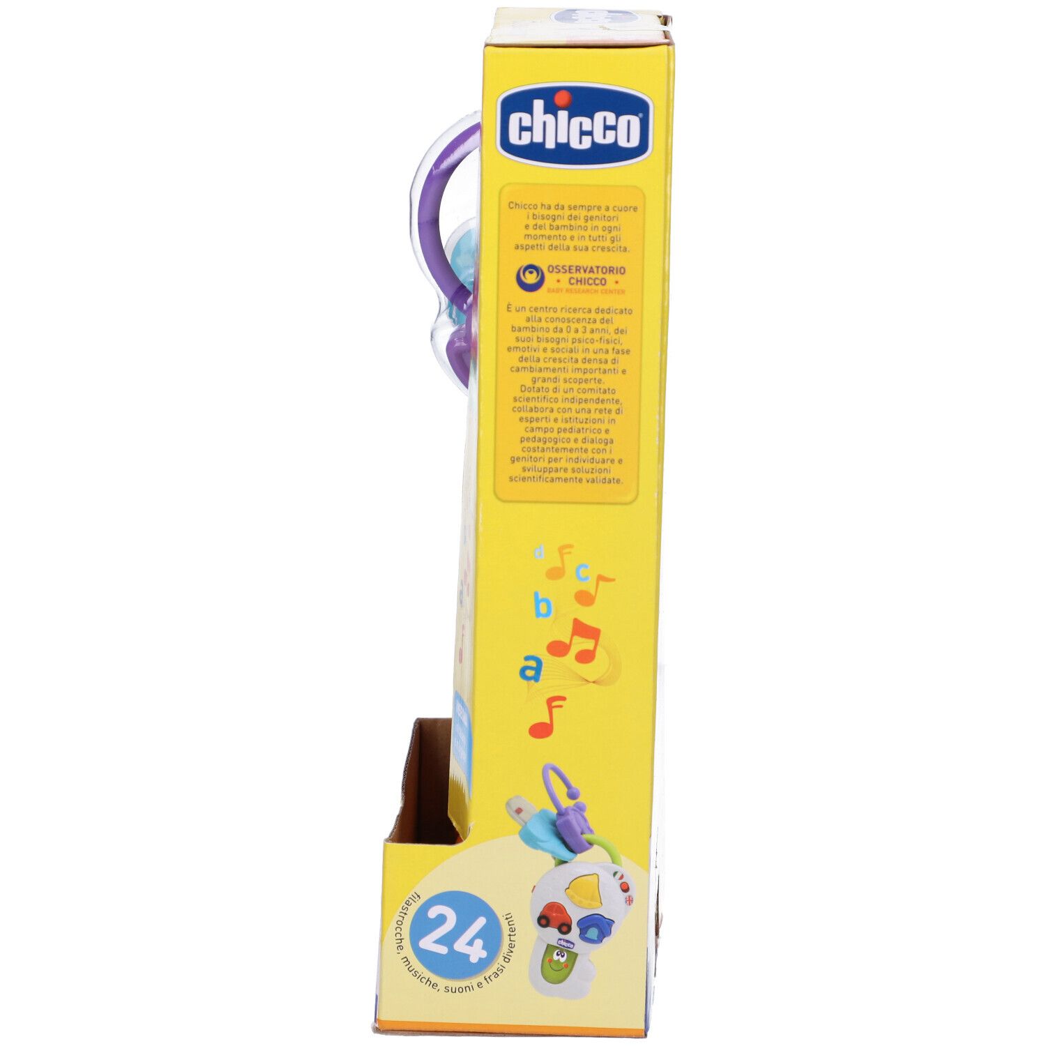 Vista laterale della confezione con chiavi giocattolo. Marchio Chicco, testo e illustrazioni.