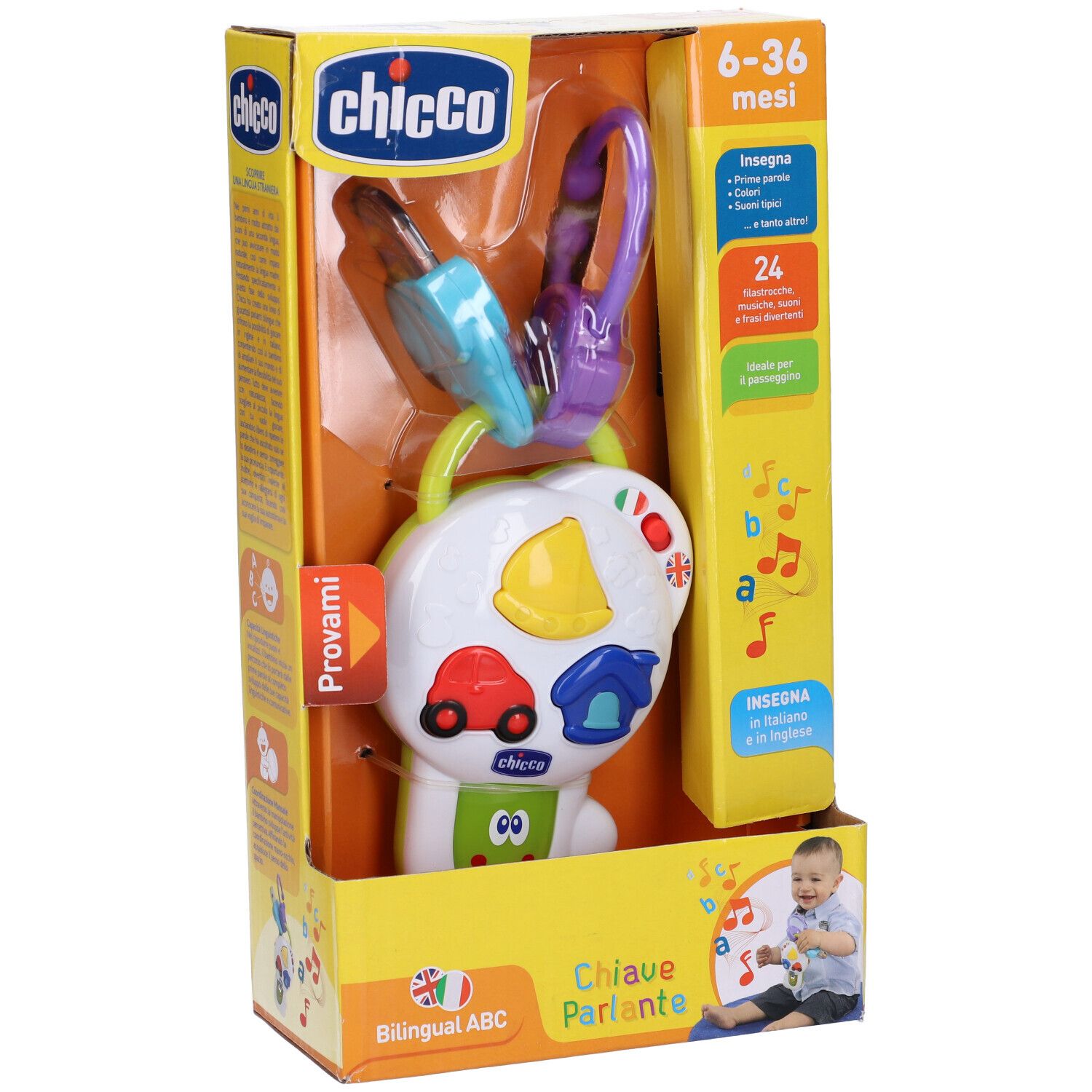 Confezione con chiavi giocattolo. Marchio Chicco, consigliato 6-36 mesi. Con testo e bambino.