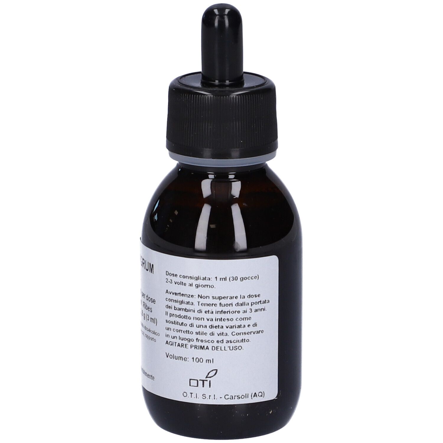 Flacone di vetro marrone con tappo nero e contagocce. Etichetta con testo. Nome prodotto: Ribes Nigrum T.M.