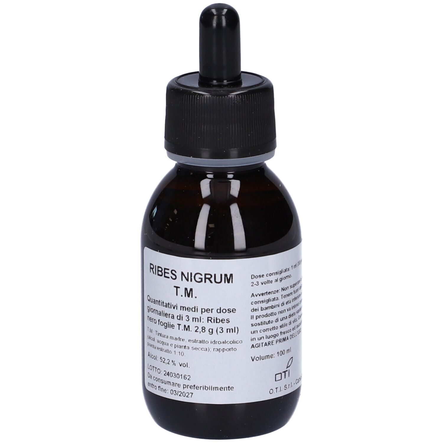 Flacone di vetro marrone con tappo nero e contagocce. Etichetta con testo. Nome prodotto: Ribes Nigrum T.M.