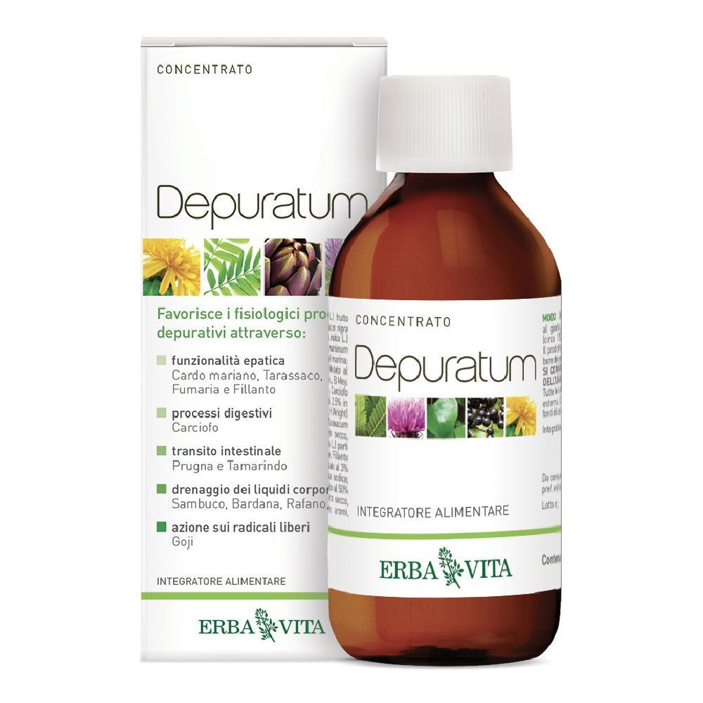 Liquido marrone in bottiglia con tappo bianco. Scritta: Depuratum, Erba Vita. Con confezione.