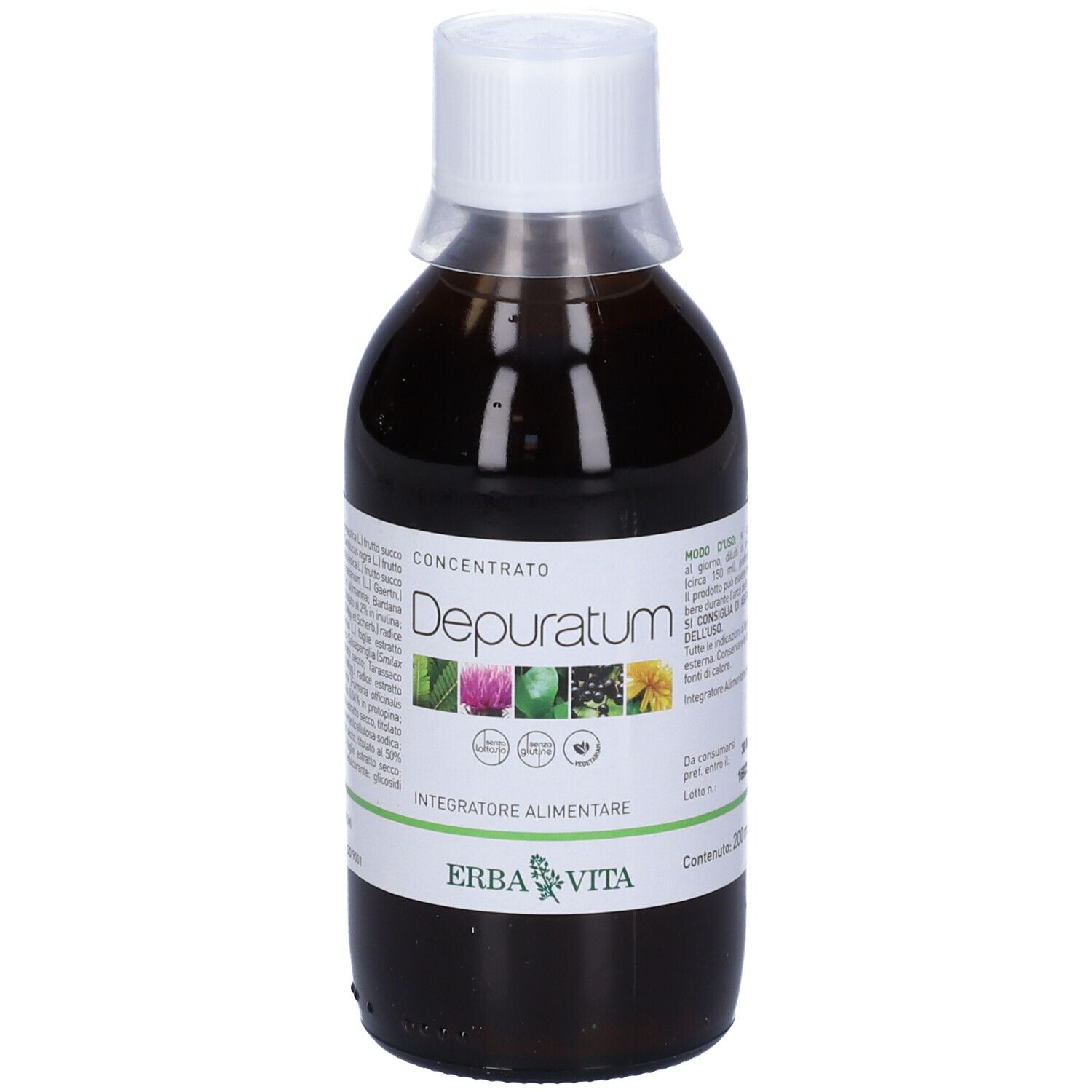 Liquido marrone in bottiglia con tappo bianco. Scritta: Depuratum, Erba Vita. Etichetta con ingredienti.