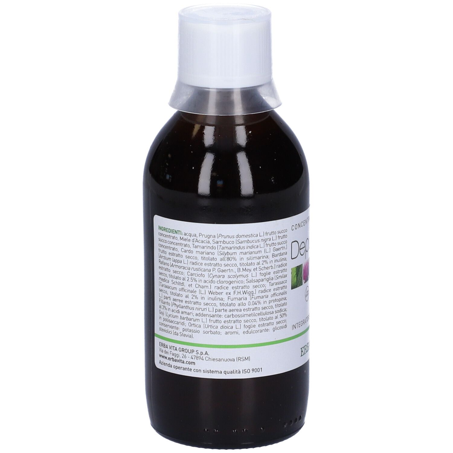Liquido marrone in bottiglia con tappo bianco. Scritta: Depuratum, Erba Vita. Etichetta con ingredienti.
