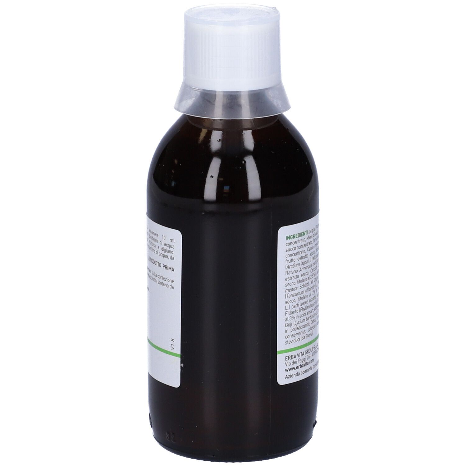 Liquido marrone in bottiglia con tappo bianco. Scritta: Depuratum, Erba Vita. Etichetta con ingredienti.