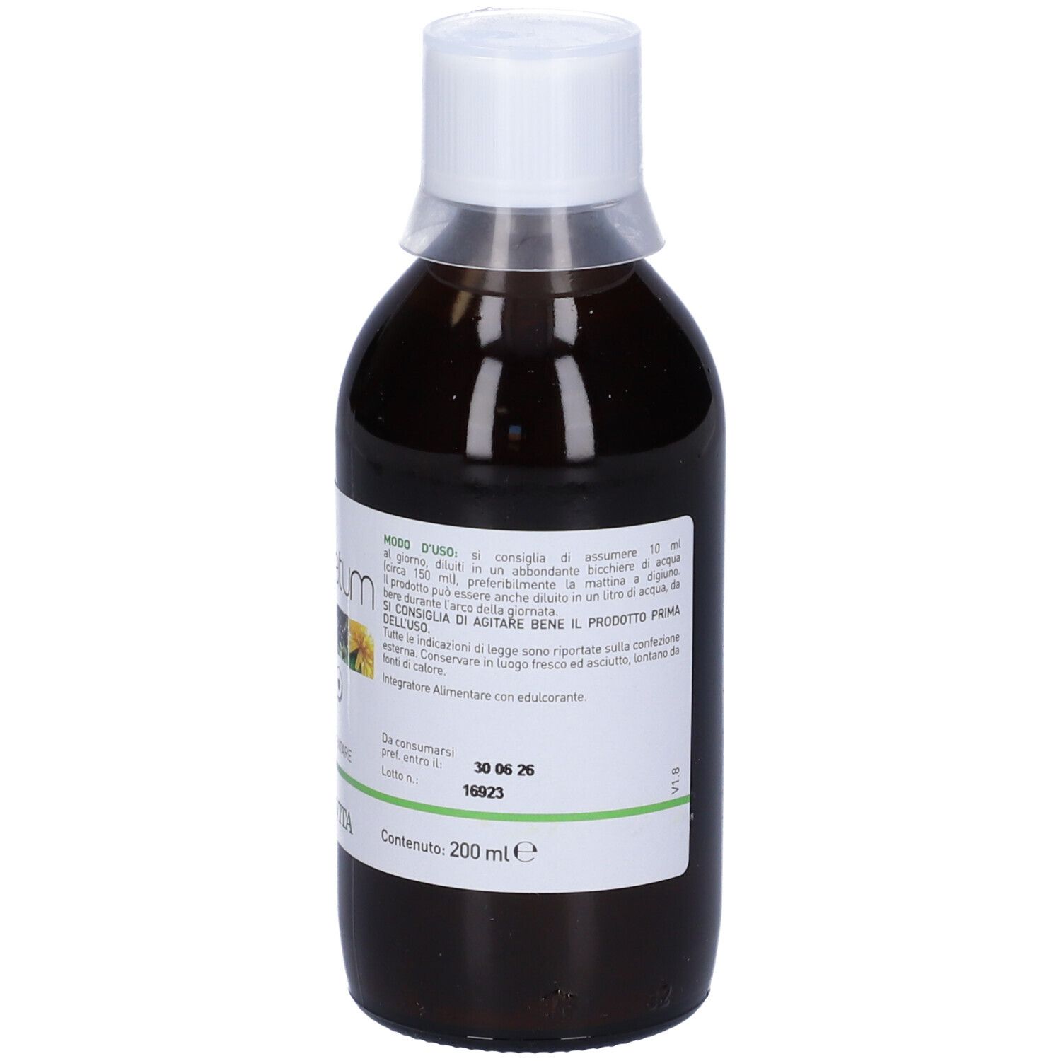 Liquido marrone in bottiglia con tappo bianco. Scritta: Depuratum, Erba Vita. Etichetta con ingredienti.