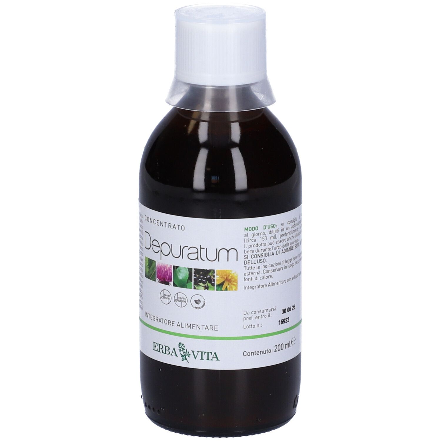 Liquido marrone in bottiglia con tappo bianco. Scritta: Depuratum, Erba Vita. Etichetta con ingredienti.