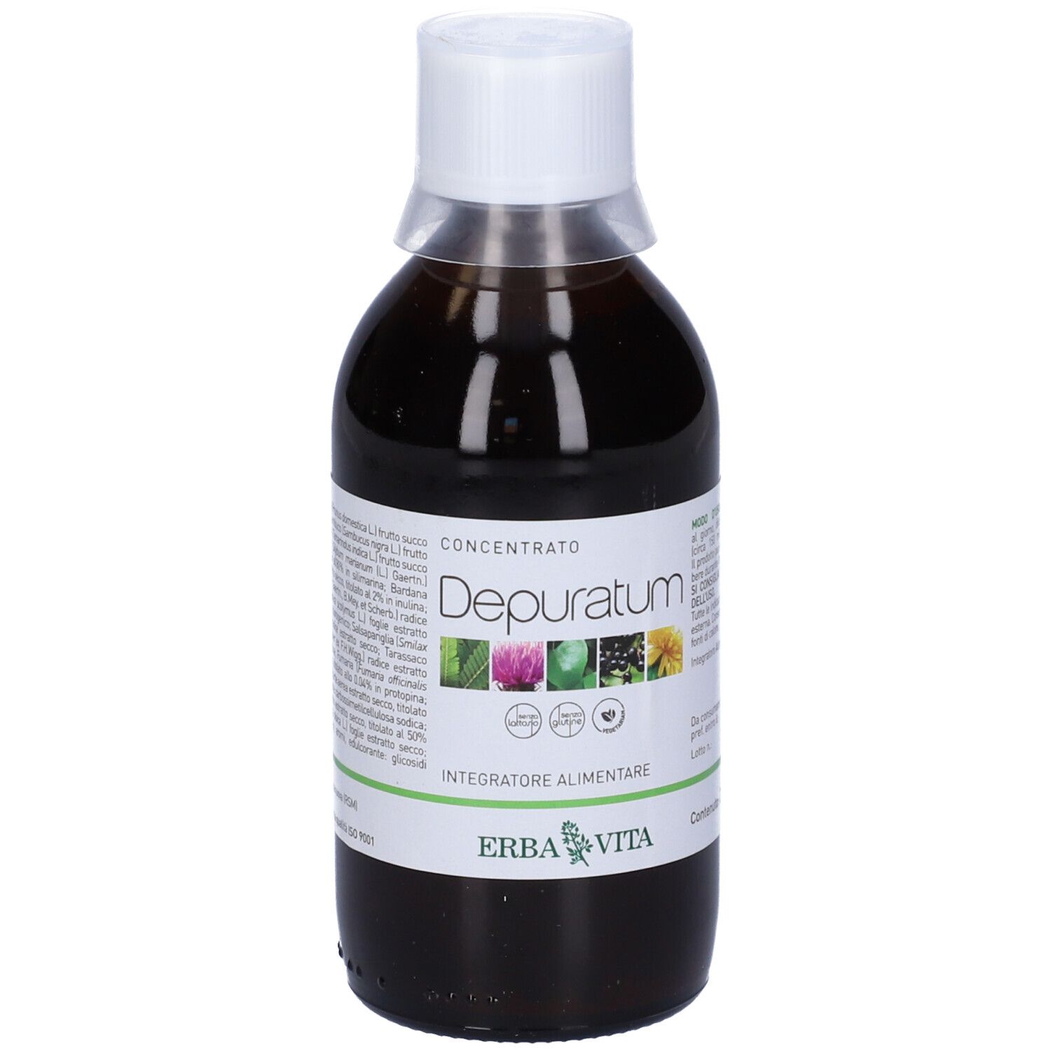 Liquido marrone in bottiglia con tappo bianco. Scritta: Depuratum, Erba Vita. Etichetta con ingredienti.