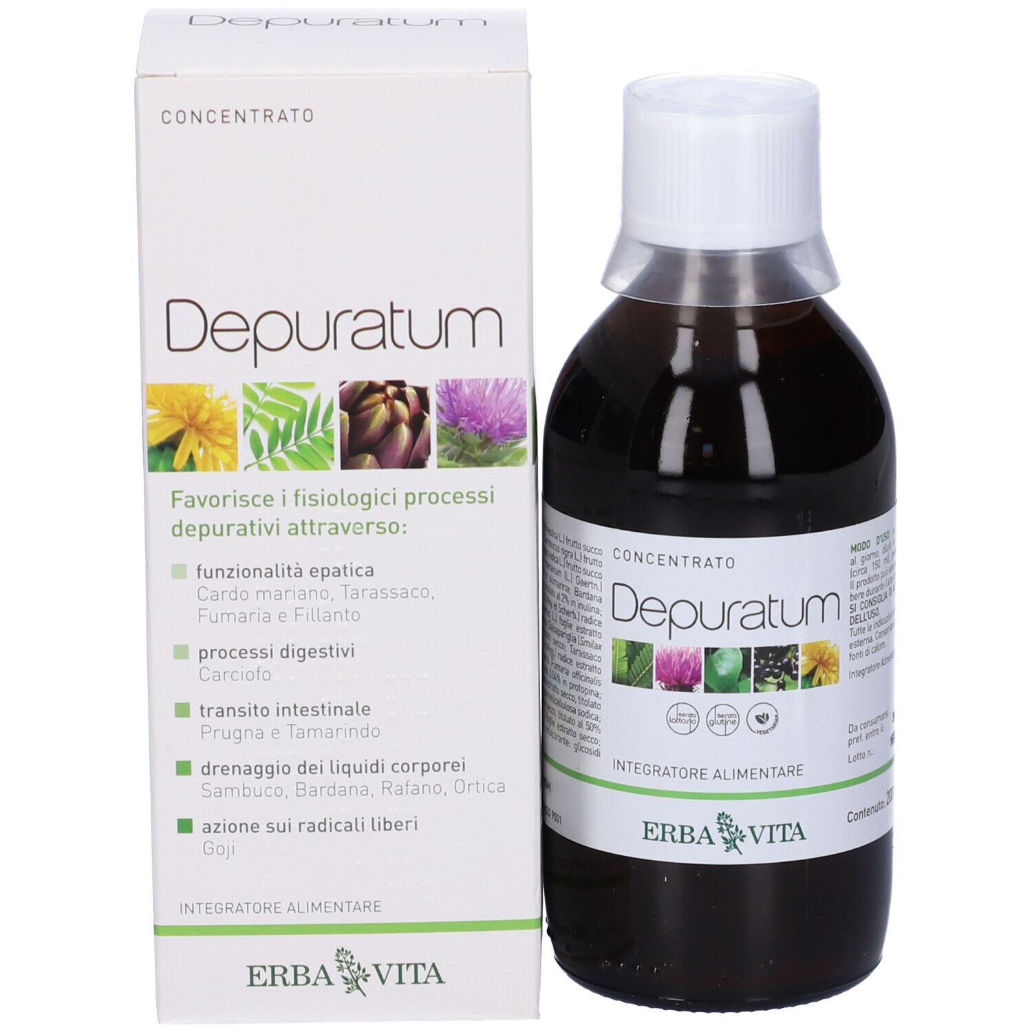 Bottiglia di liquido marrone con tappo bianco. Scritta: Depuratum, Erba Vita. Con confezione.