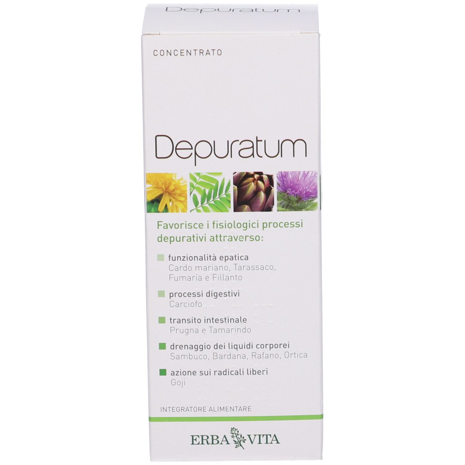 Confezione con scritta: Depuratum. Logo Erba Vita. Contiene informazioni sul prodotto.