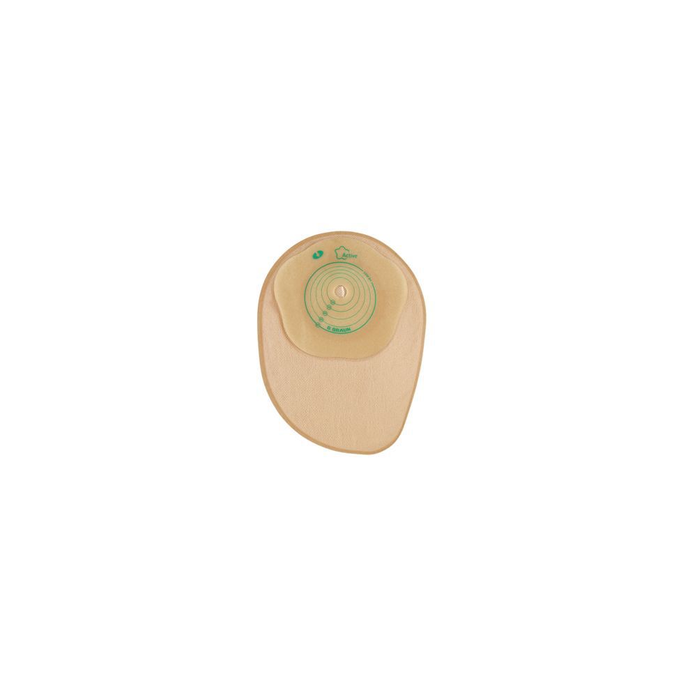 Sistema di sacca. Beige e trasparente. Con apertura circolare e stampa verde. Chiusura in velcro.