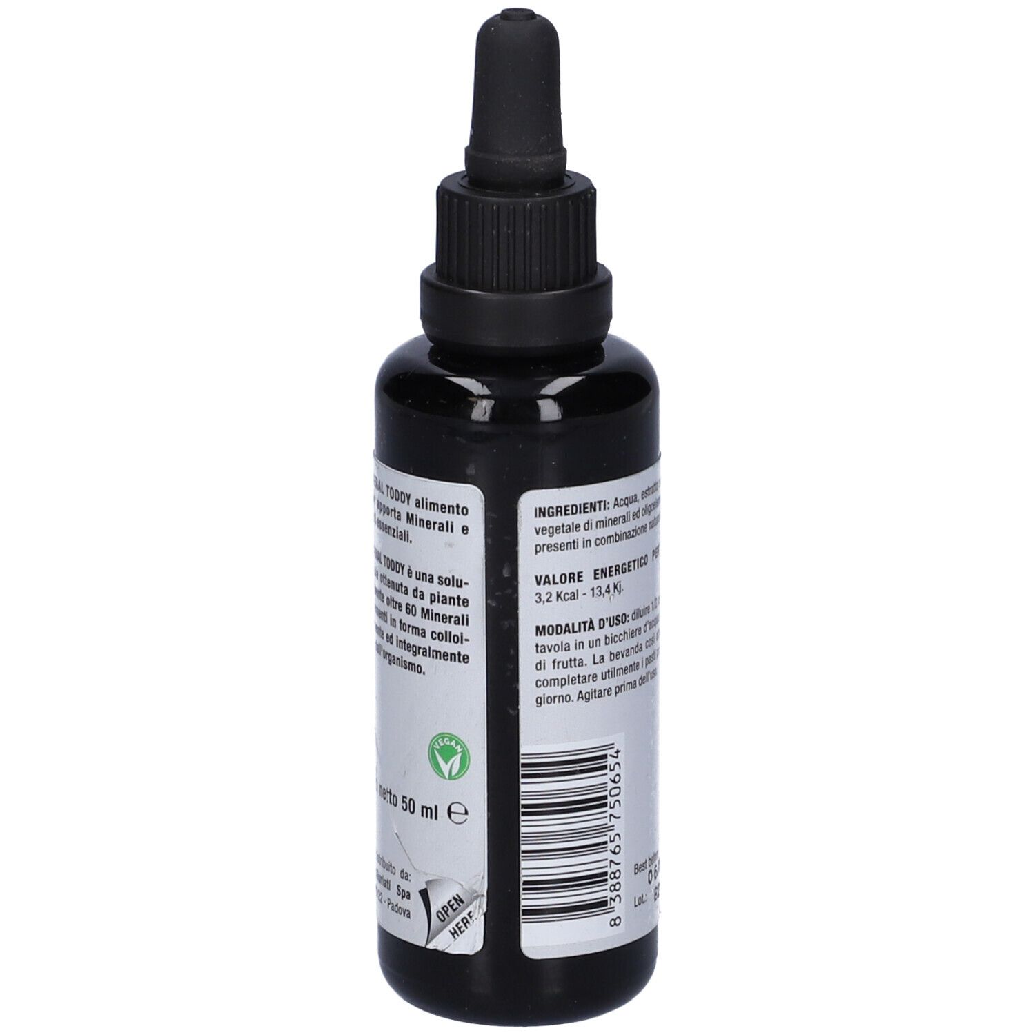 Flacone marrone con tappo nero. Etichetta con informazioni nutrizionali. Contagocce.
