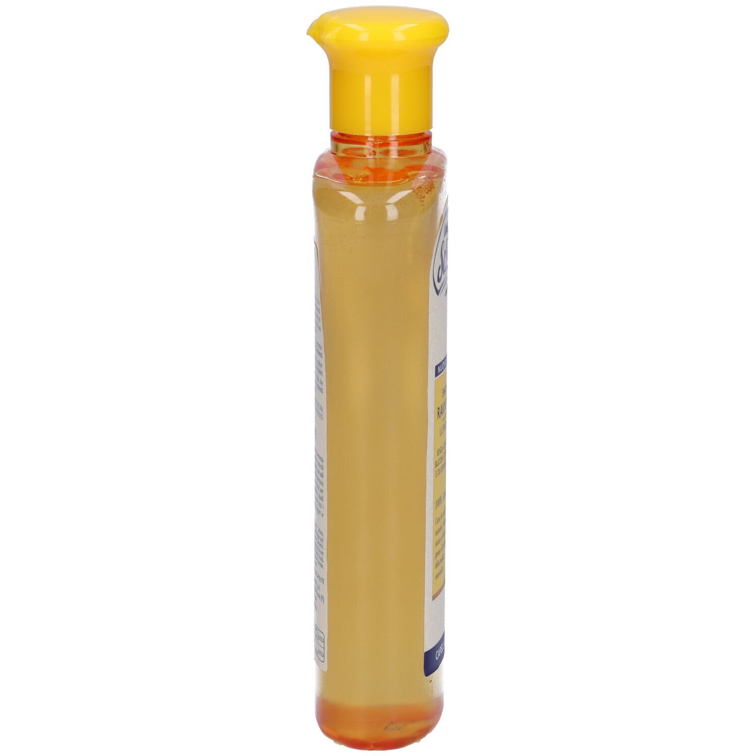 Flacone di shampoo sottile e trasparente con tappo giallo. Vista laterale. Scritta illeggibile.